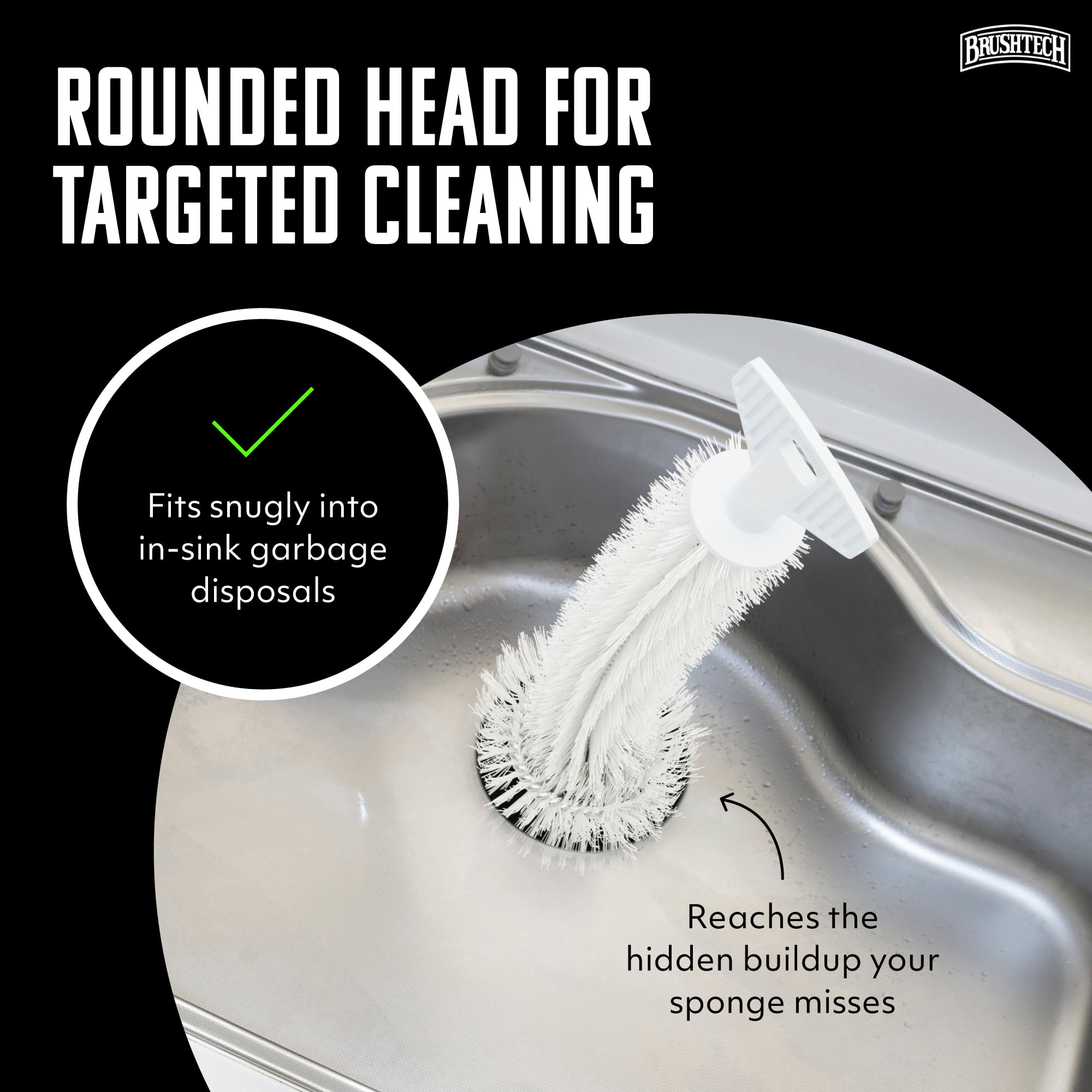 Brushtech Kitchen Sink Disposal Brush - Ergonomic T-Handle Cleaner with Rounded Bristles Designed to Remove Odor-Causing Debris from Sink Drains