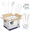 White Disposable Cutlery Set with Fork, Knife, Spoon, Napkin & Salt & Pepper - Medium-Weight Plastic Cutlery for Reliable Dining- Disposable Cutlery