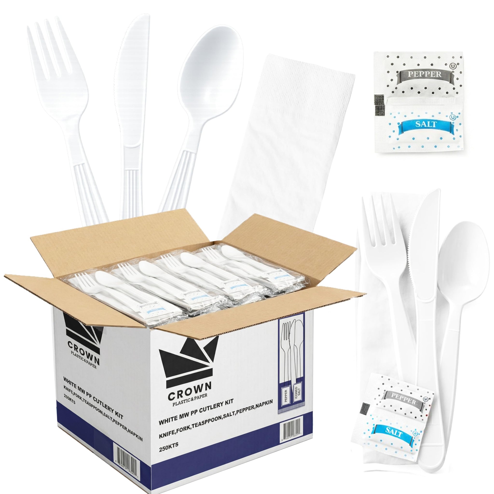 White Disposable Cutlery Set with Fork, Knife, Spoon, Napkin & Salt & Pepper - Medium-Weight Plastic Cutlery for Reliable Dining- Disposable Cutlery