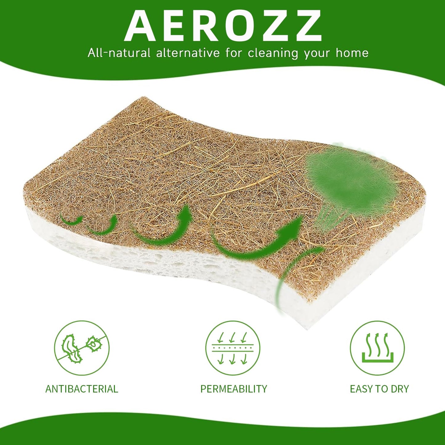 AEROZZ 10 Pack Biodegradable Natural Sponges Kitchen - Compostable Cellulose and Coconut Walnut Scrubber Sponge - Non Scratch Eco Friendly Quick
