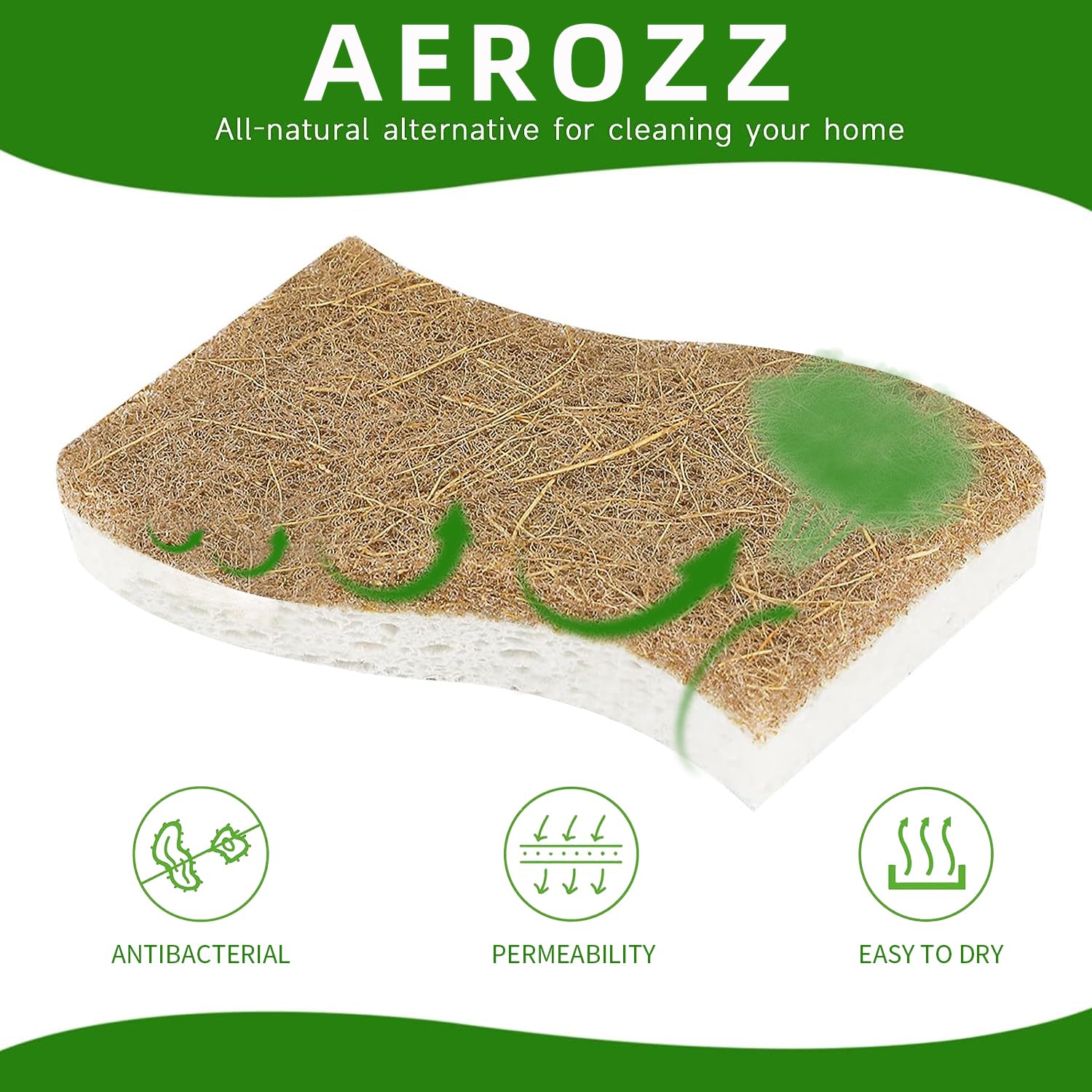 AEROZZ 10 Pack Biodegradable Natural Sponges Kitchen - Compostable Cellulose and Coconut Walnut Scrubber Sponge - Non Scratch Eco Friendly Quick