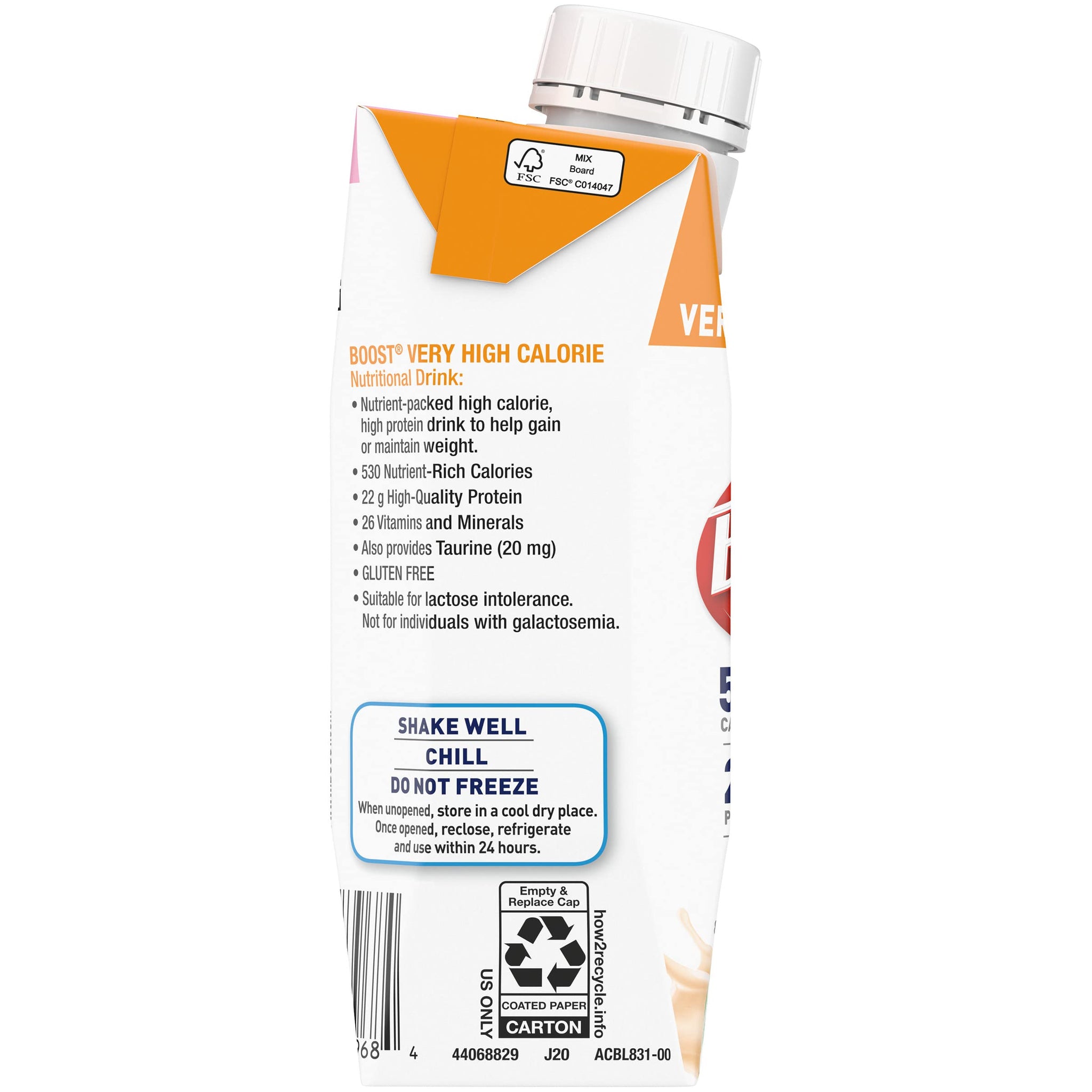 Boost Very High Calorie Nutritional Drink Very Vanilla, Made with Natural Strawberry Flavor & No Artificial Flavors, Colors & Sweeteners, 8 FL OZ