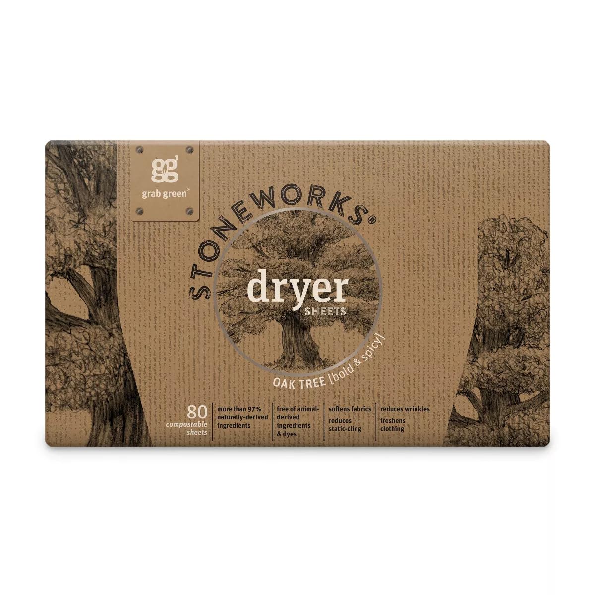 Grab Green, Stoneworks Dryer Sheets, 80 Compostable Sheets (Oak Tree)