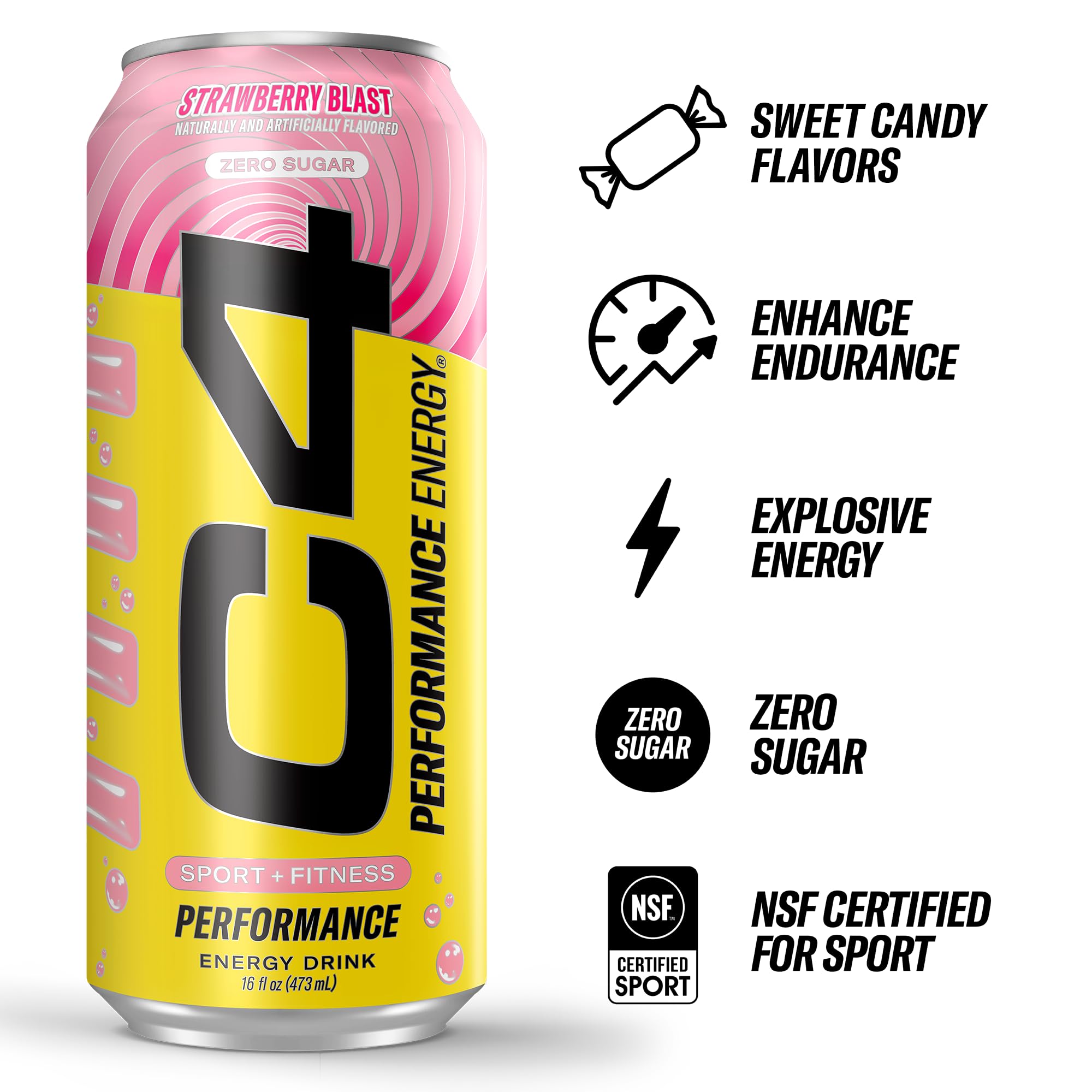 C4 Performance Energy Drink | Strawberry Blast | Zero Sugar Carbonated Preworkout Energy | 200mg Caffeine with Beta Alanine | 16 Fl Oz (12 Pack)
