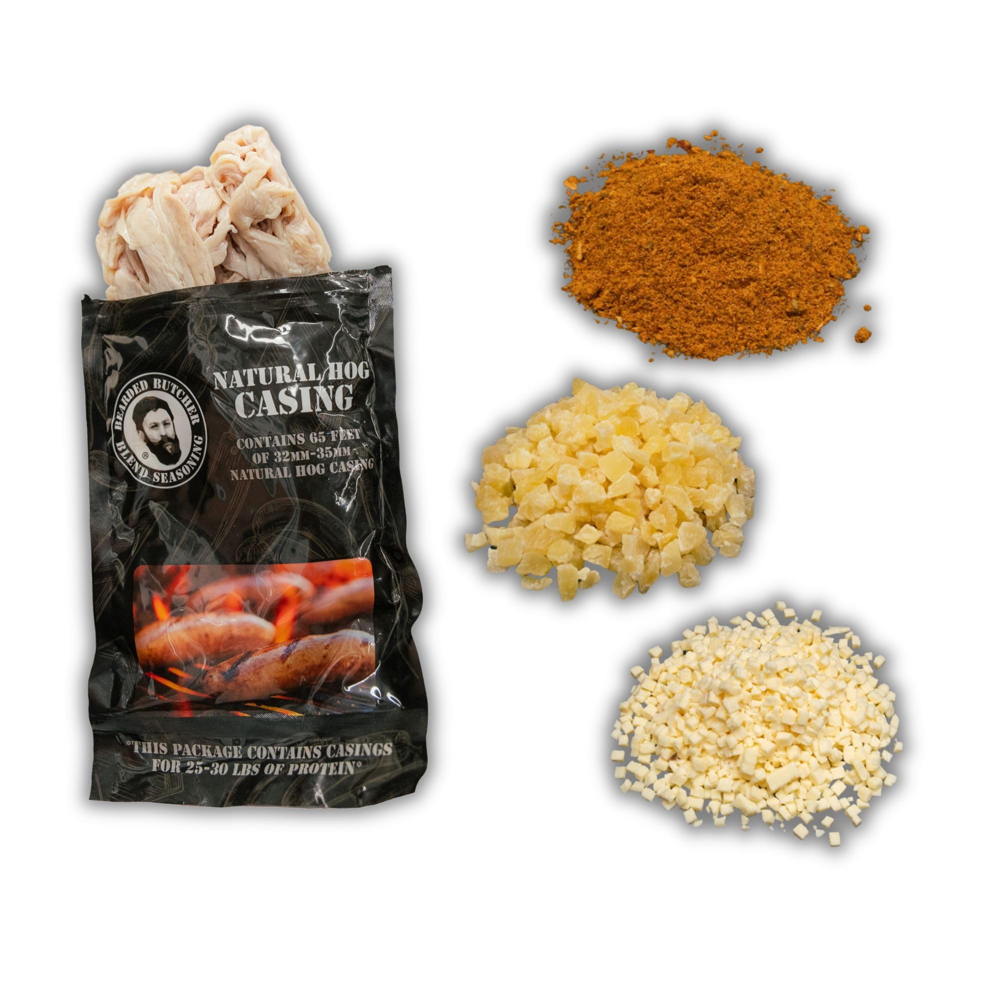 Bearded Butchers Hawaiian Pizza Bratwurst DIY Kit - Sweet & Savory Pizza Brats - Includes Seasoning, Mozzarella, Pineapple & 32mm-35mm Natural Hog