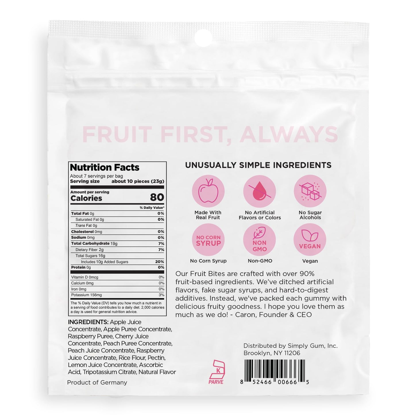 SIMPLY Fruit Bites (Really Real Gummies) | Made with Real Fruit | Peach and Raspberry | 5.3 oz (Pack of 2) | No Cane Sugar + Gluten Free + Kosher