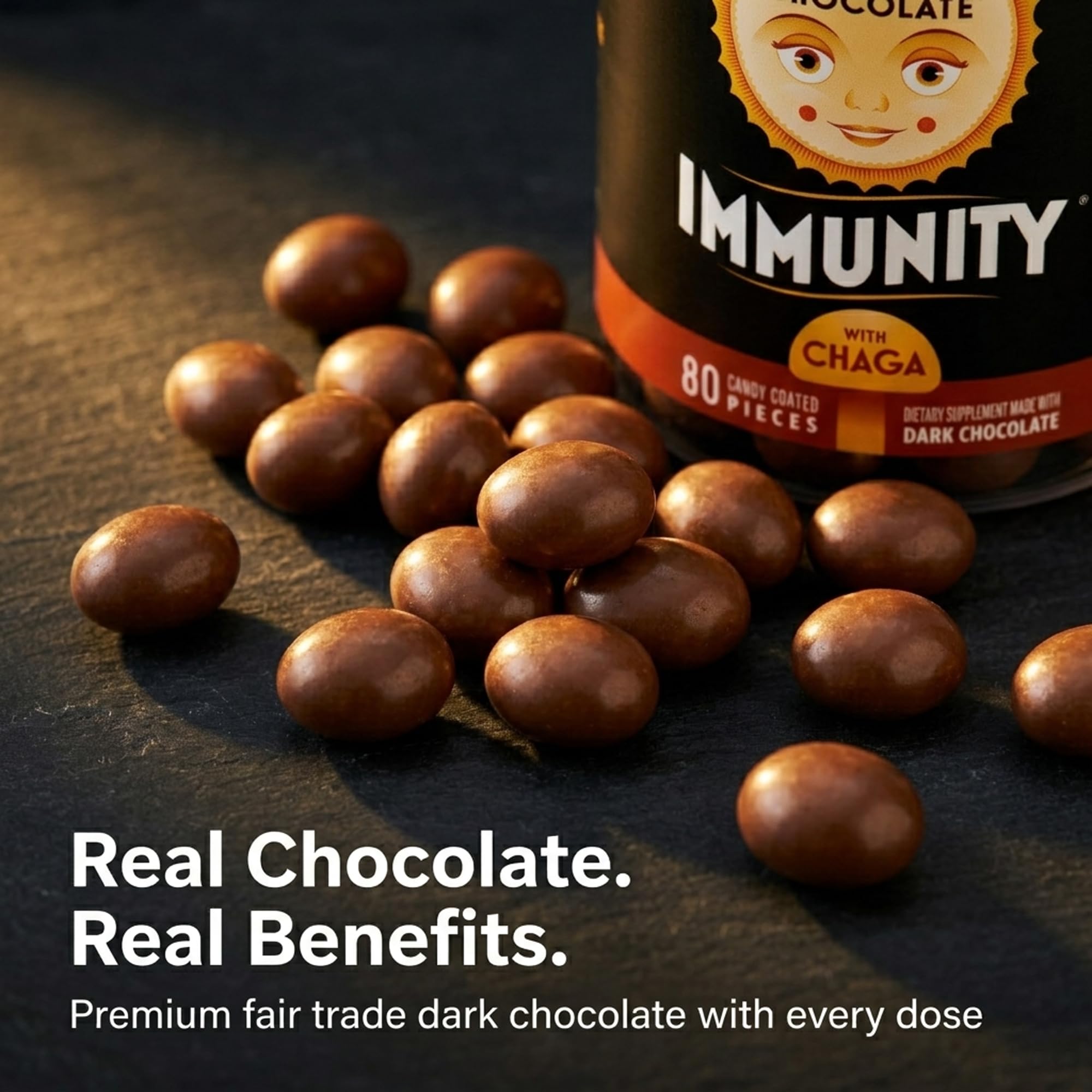 Good Day Chocolate Immunity - Dark Chocolate with Elderberry, Zinc & Chaga Mushroom for Immune Support - Easy Daily Chocolate Supplement - 80 Count