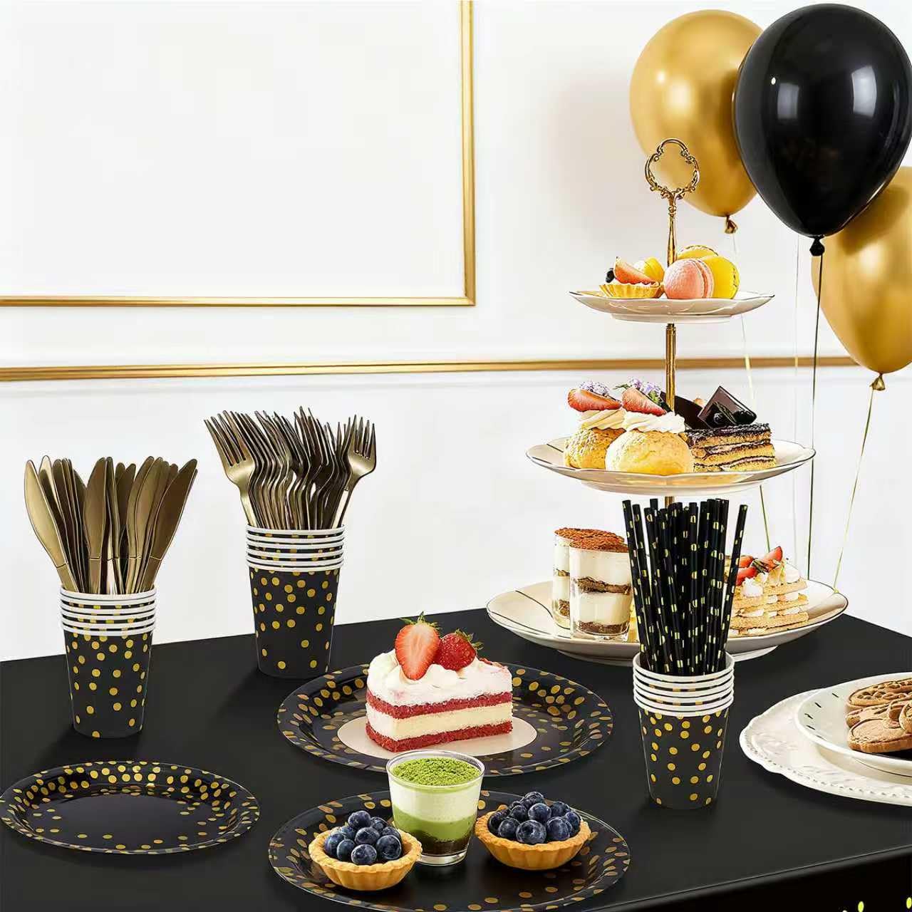 129PCS Black Gold Paper Plates Party Supplies Dinnerware Sets for 16 Guests, Disposable Paper Party Plates, Dessert Plates, Cups, Napkins, Plastic