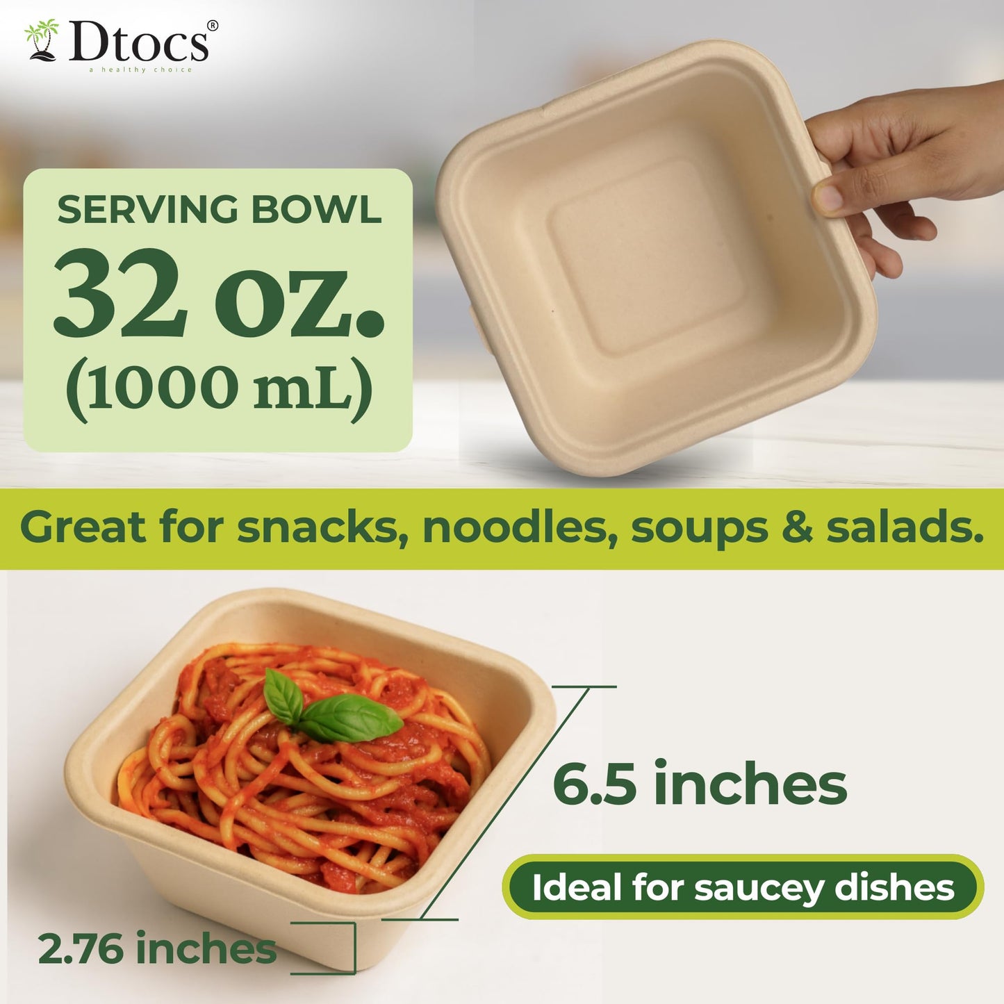 Dtocs Bamboo Fiber Disposable Bowls - 32 Oz, 50 Pk | Bamboo Square Bowl | Microwavable Bagasse Bowl like Soup, Cake, Salsa, Salad bowls | Disposable