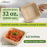 Dtocs Bamboo Fiber Disposable Bowls - 32 Oz, 50 Pk | Bamboo Square Bowl | Microwavable Bagasse Bowl like Soup, Cake, Salsa, Salad bowls | Disposable