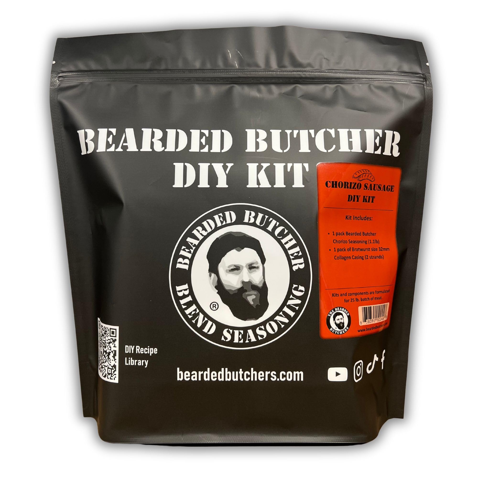 Bearded Butchers Chorizo Sausage DIY Kit - Includes Authentic Spiced Chorizo Seasoning & 32mm Collagen Casings - For Up to 25 lbs Meat - Mild Heat