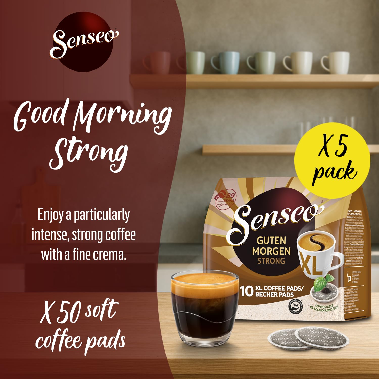 Senseo Good Morning Strong XL Coffee Pods, 50 Count (5 Packs of 10), Intense Dark Roast Breakfast Coffee Soft Pods for Pelecom Coffee Maker, Good