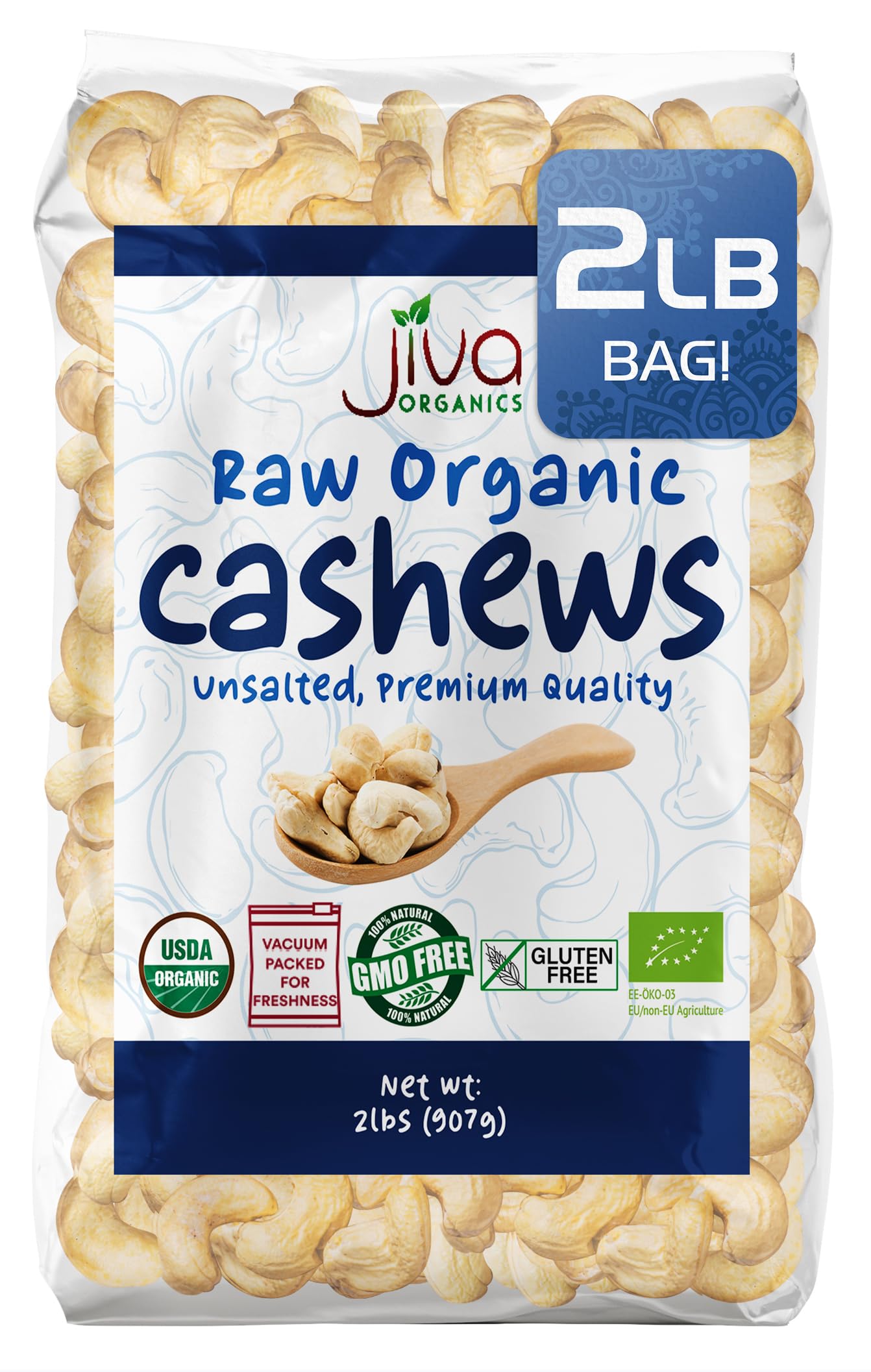 Organic Raw Cashews 2 LB Bag, Gluten-Free, Non-GMO, Vegan, Whole Raw Nuts, Unsalted, Unroasted, Crunchy & Healthy Snack, For Baking & Cooking by Jiva