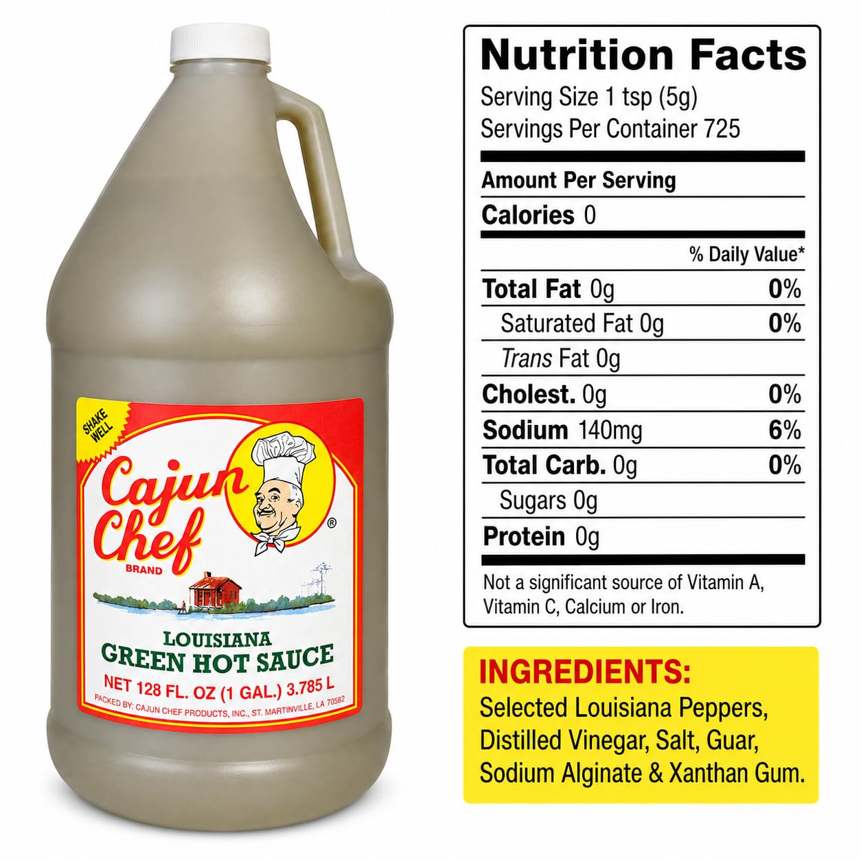 Cajun Chef Green Louisiana Hot Sauce 128 oz, 1 Gallon Mild Green Cayenne Pepper Sauce Made with Louisiana Peppers, Cajun Style Hot Sauce for Gumbo