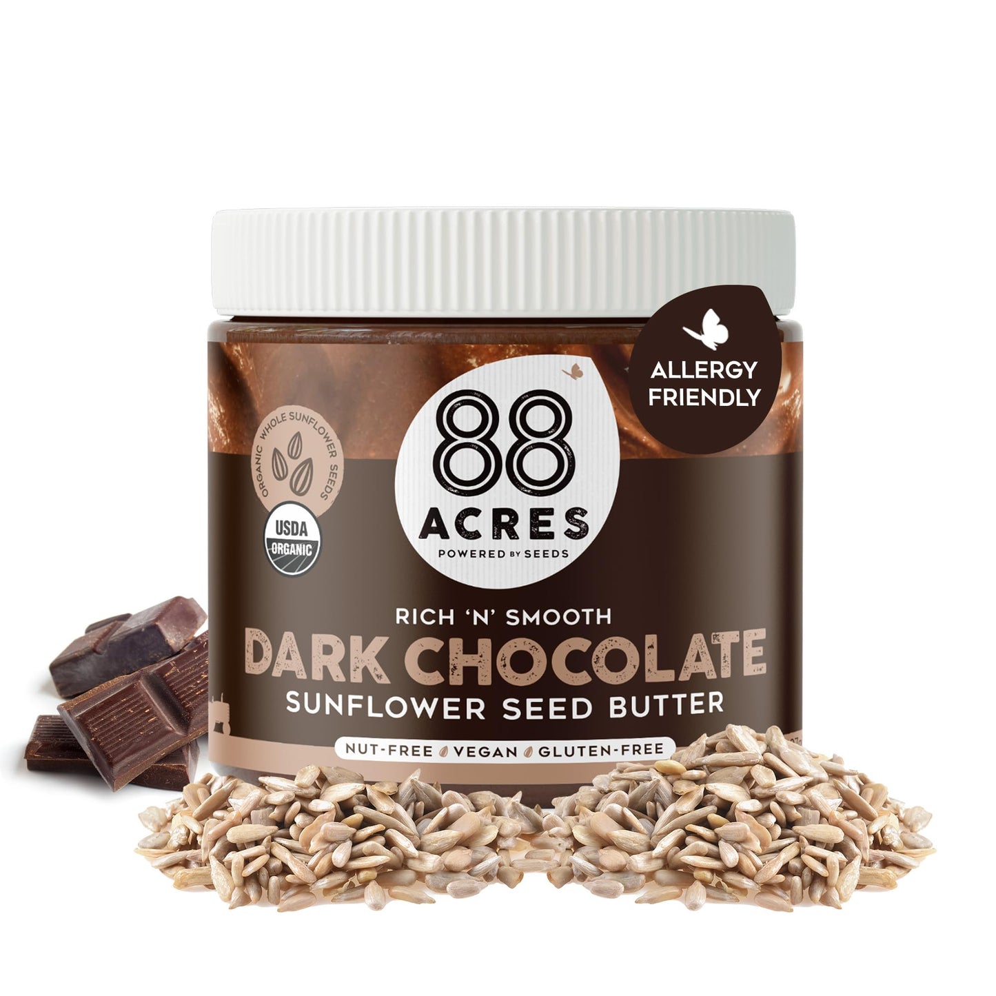 88 Acres Organic Sunflower Seed Butter, Dark Chocolate, 14 oz Jar, 2 Pack, Butter Spread with 5g Plant-Based Protein, Gluten Free, Nut Free, Vegan