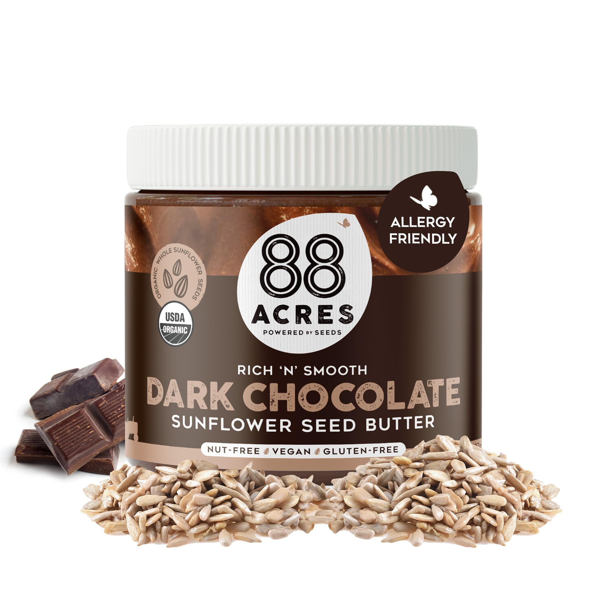 88 Acres Organic Sunflower Seed Butter, Dark Chocolate, 14 oz Jar, 2 Pack, Butter Spread with 5g Plant-Based Protein, Gluten Free, Nut Free, Vegan