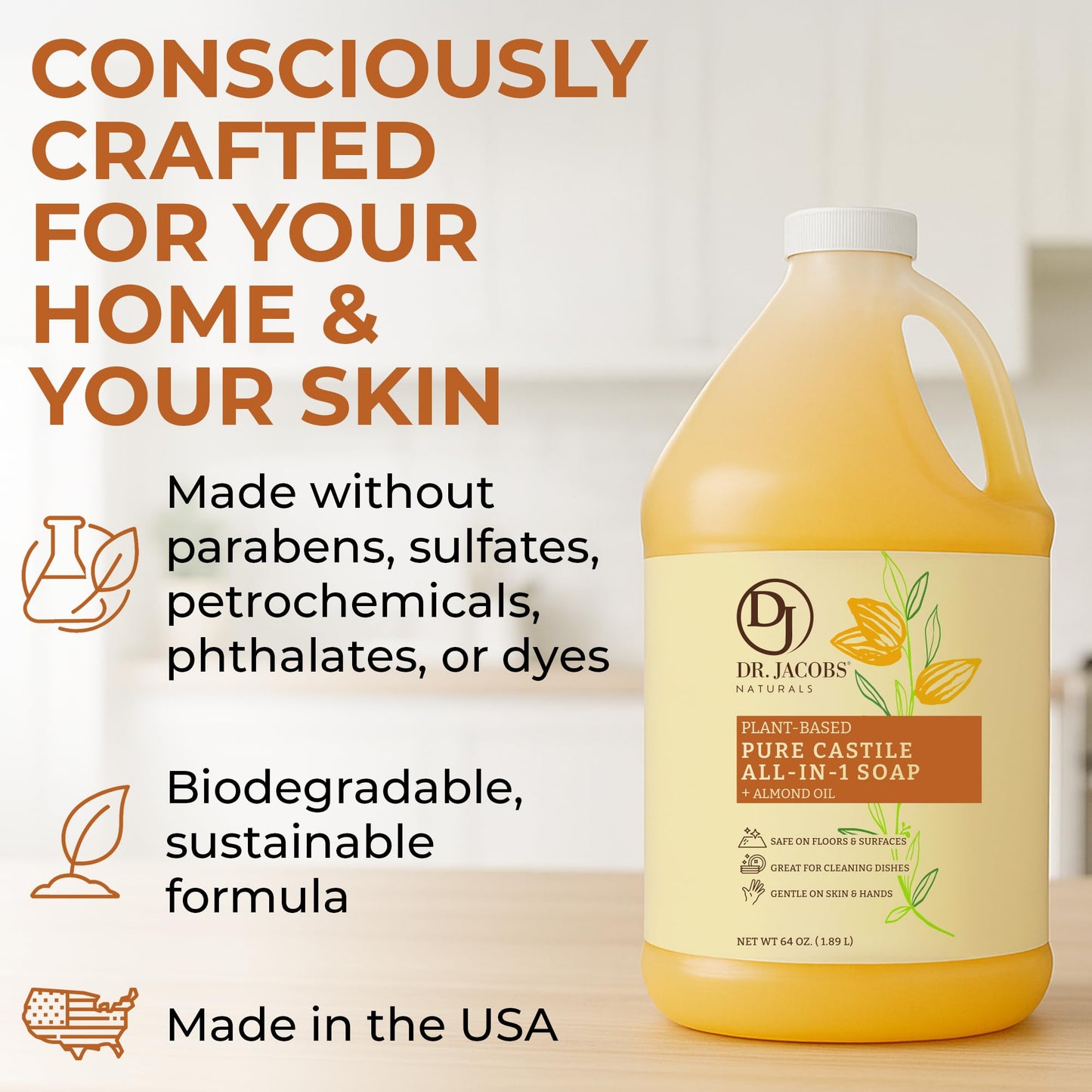 Dr. Jacobs Naturals Pure Castile Soap, 64 oz Value Size - Almond - Made in USA - All-in-One Plant-Based Multipurpose Cleaner for Floors, Counters