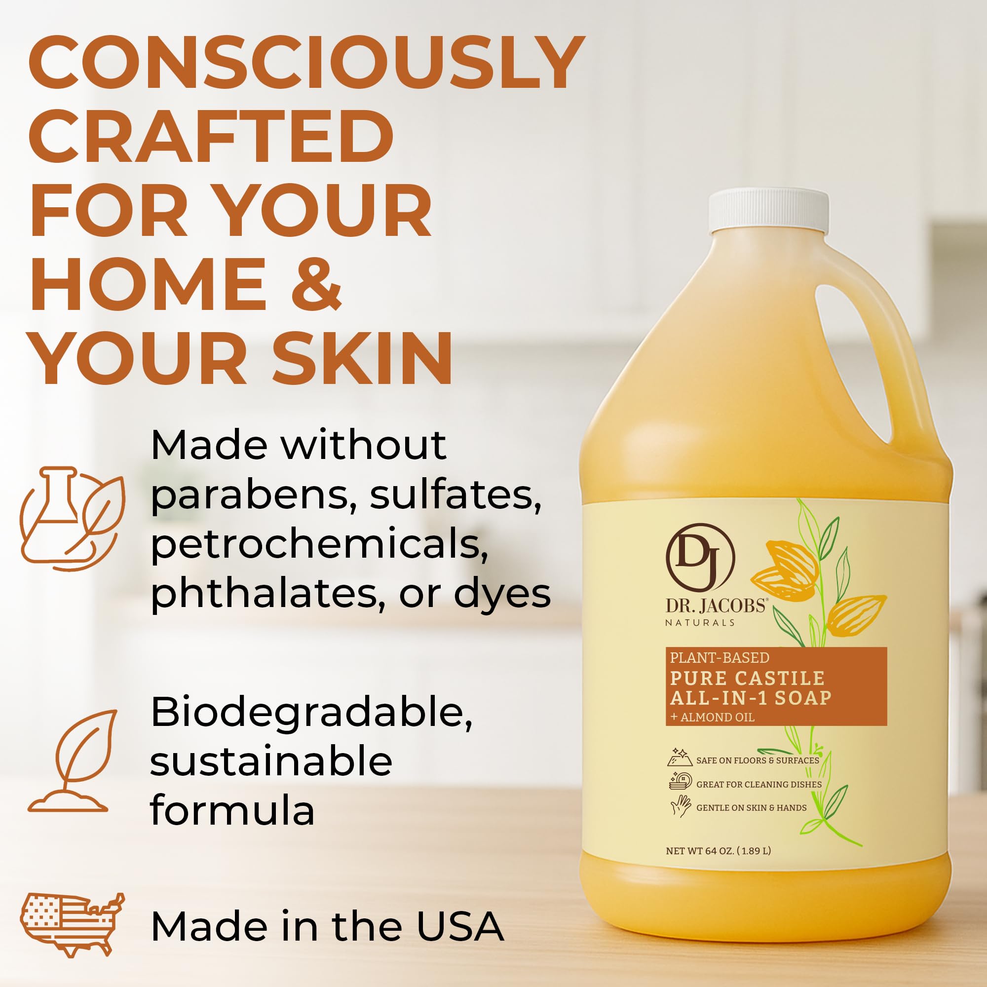 Dr. Jacobs Naturals Pure Castile Soap, 64 oz Value Size - Almond - Made in USA - All-in-One Plant-Based Multipurpose Cleaner for Floors, Counters