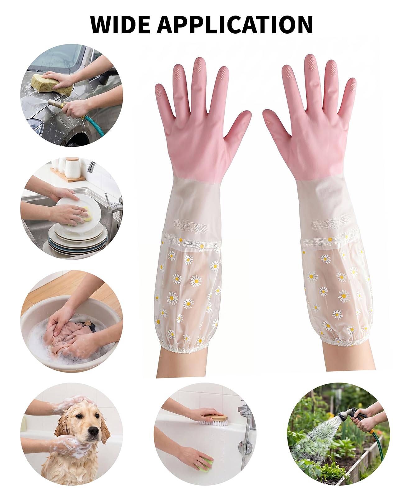 Geyynow 3PCS Dishwashing Cleaning Gloves + 3PCS Wire Dish Rags Set - Long Cuff Reusable Rubber Gloves & Non-Scratch for Kitchen, Cleaning, Gardening