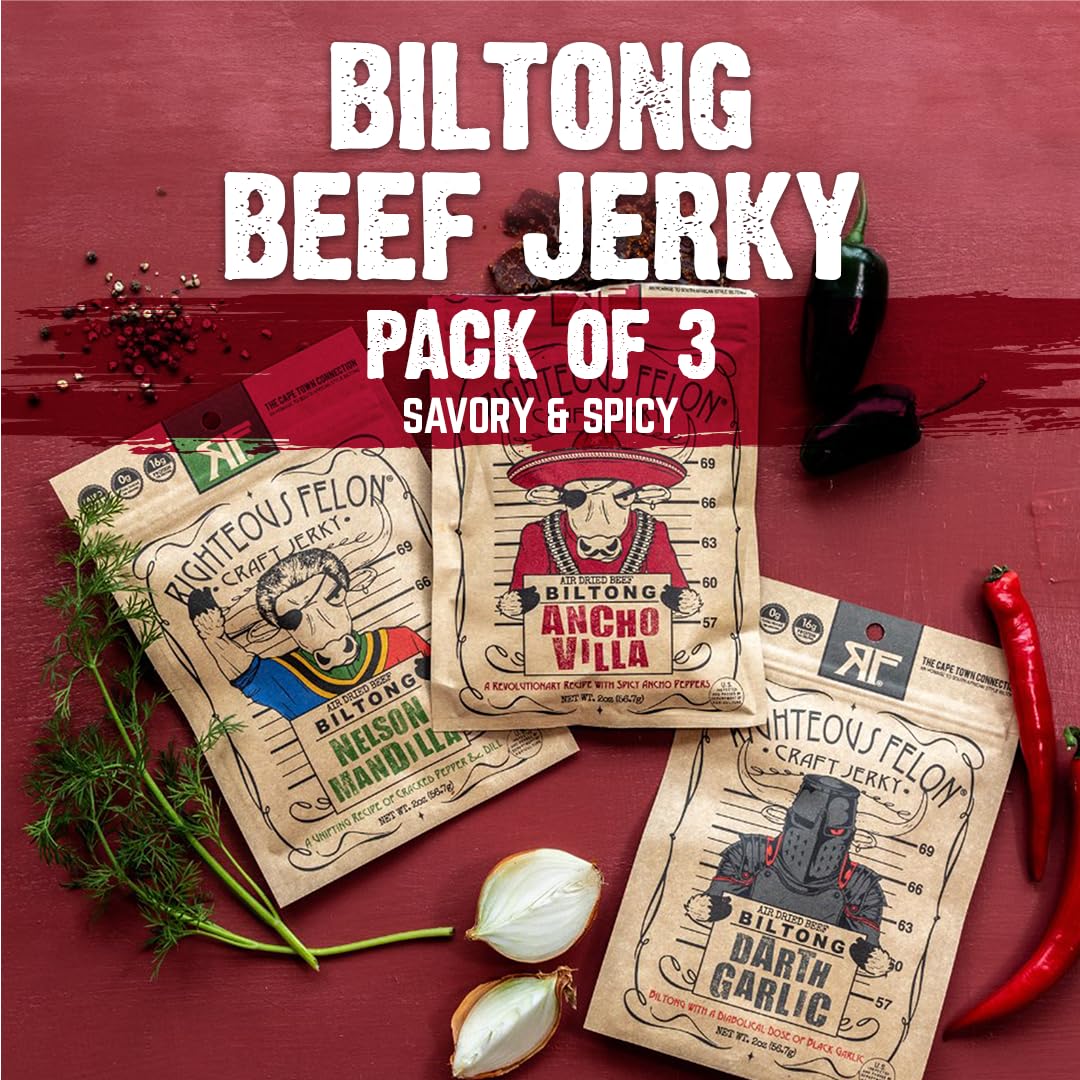 Righteous Felon Biltong Beef Jerky Variety Pack | South African Biltong Snack Packs for Adults | High Protein, Keto-Friendly, Low Sugar | Made