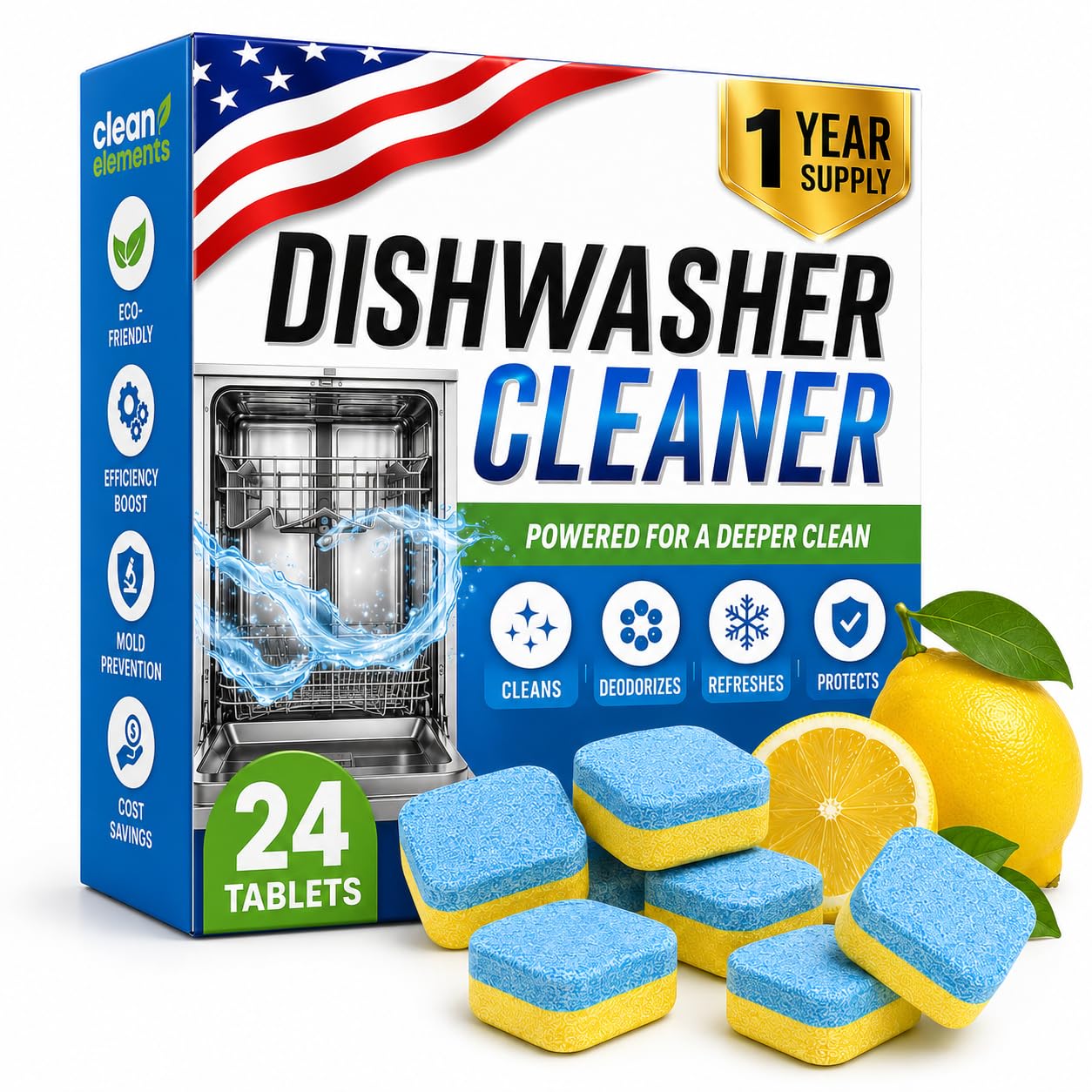 Dishwasher Cleaner Deodorizer Tablets, 24 Pack Dishwasher Cleaning Tablets Descaler Pods for Limescale, Calcium & Hard Water Stains, Lemon Dishwasher