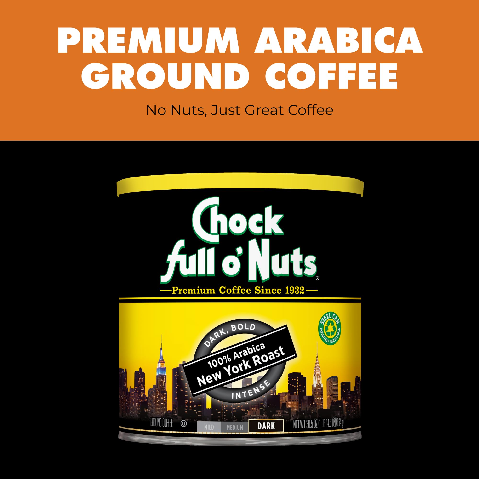 Chock Full o' Nuts New York Roast Ground Coffee - Premium Beans in Recyclable Steel Can - Rich Flavor & Aroma, Dark Roast - Perfect for Drip