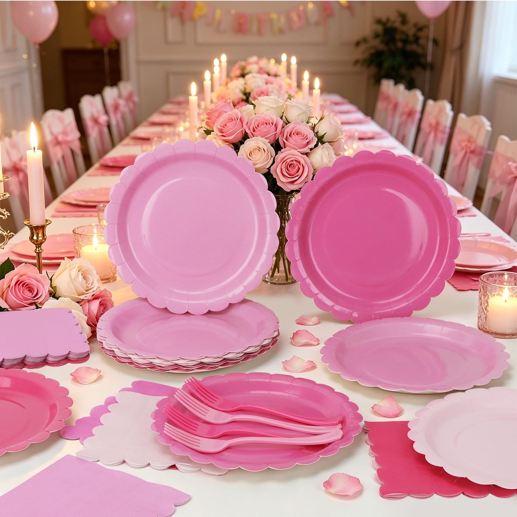 CENLBJ Pink Paper Plates and Napkins,Serves 24 Include Gradient 9 Inch Disposable Plates, Napkins, and Forks for Baby Shower, Wedding, Birthday