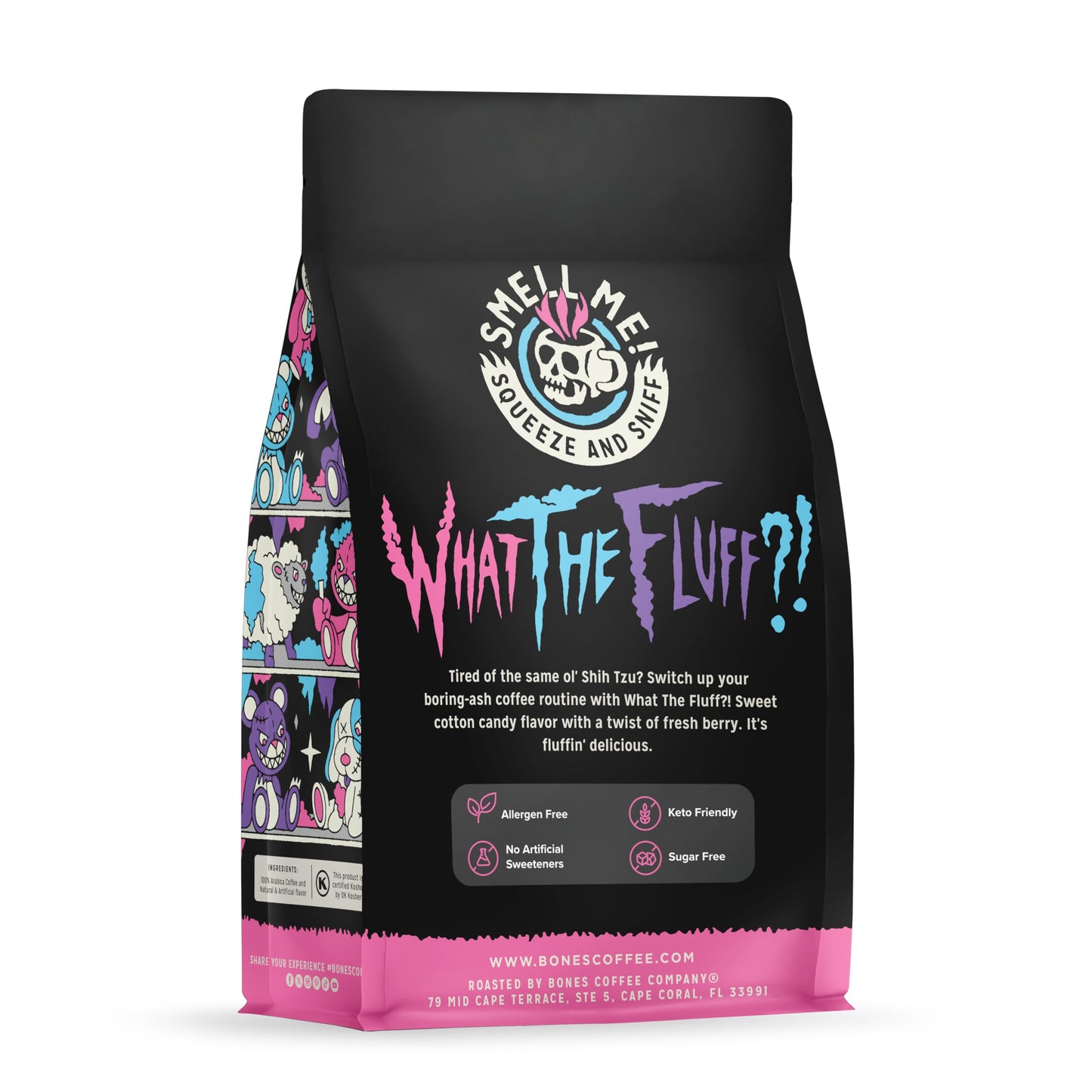 Bones Coffee Company What the Fluff?! Berry Cotton Candy Flavored Coffee, Medium Roast Low Acid Arabica Beans Compatible with Auto drip and French