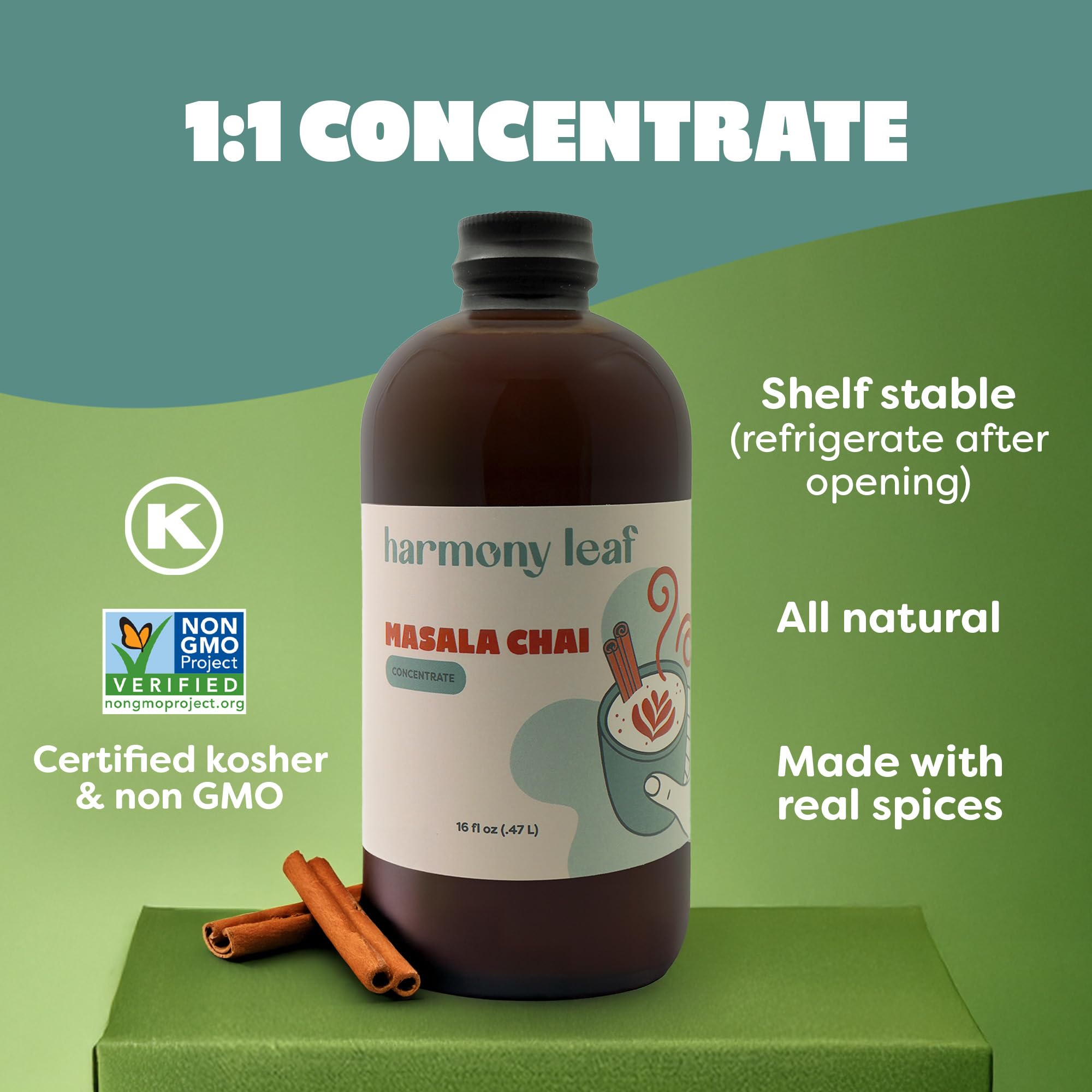 Harmony Leaf Masala Chai Concentrate, 16 oz, Black Tea and Spices Chai Latte Base, 1 to 1 Mix, Vegan, No Artificial Flavors