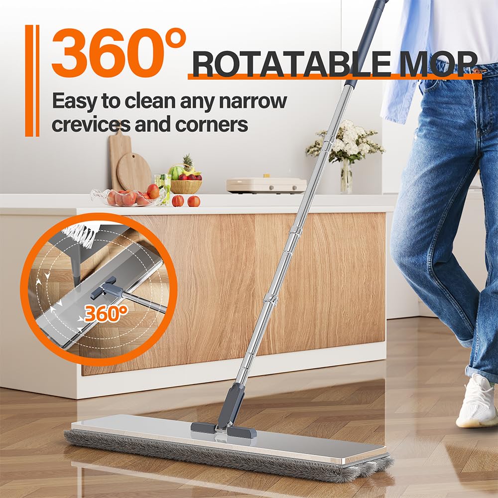 SWIFTIRON Flat Mop and Bucket for Home with Extra Refills, Stainless Steel Mop and Bucket with Wringer, Hands-Free Mop, Wet and Dry Use Mop with Long