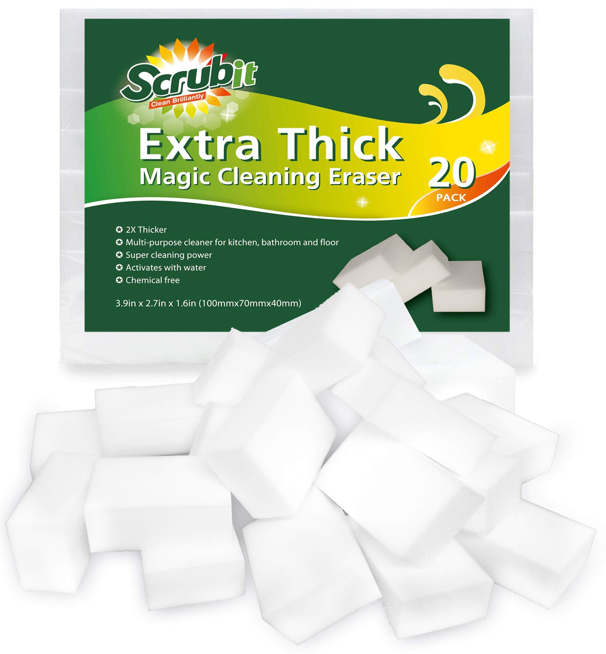 (20 Pack) Extra Thick Magic Sponge Eraser by SCRUBIT- Kitchen, Bathroom, Floor and Wall Cleaner - Miracle Melamine Cleaning Sponges- Durable Long