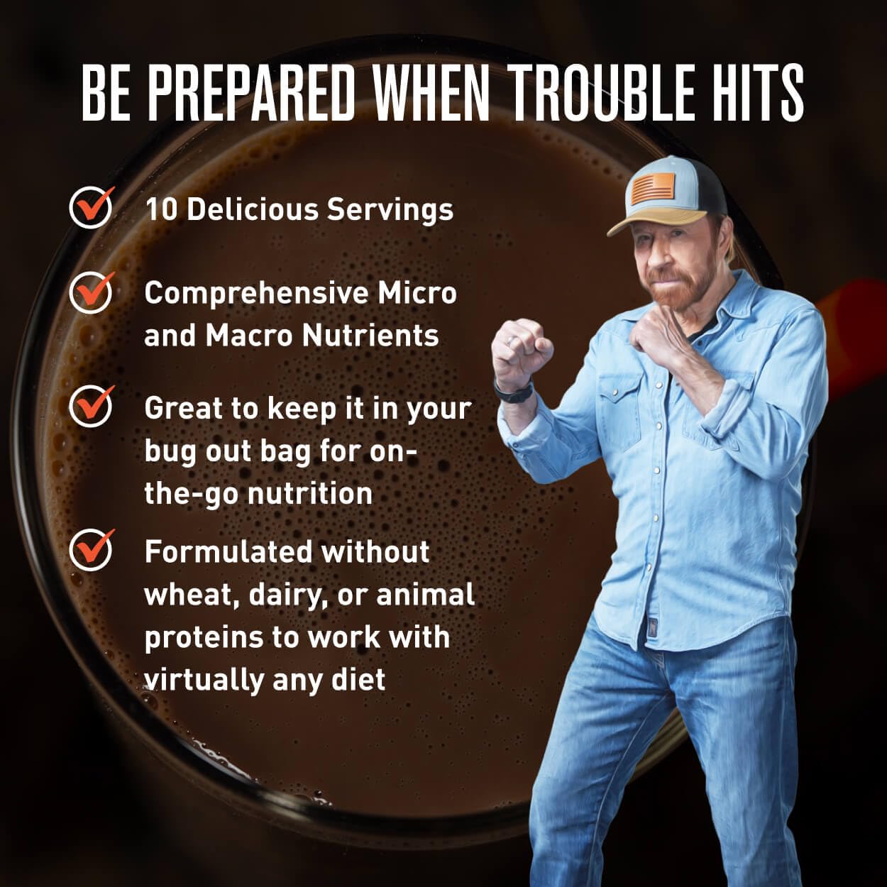 Basecamp Complete Nutrition Shake by Chuck Norris Roundhouse Provisions - Plant-Based Emergency Meal with 18g Protein & 28 Essential Nutrients - Rich
