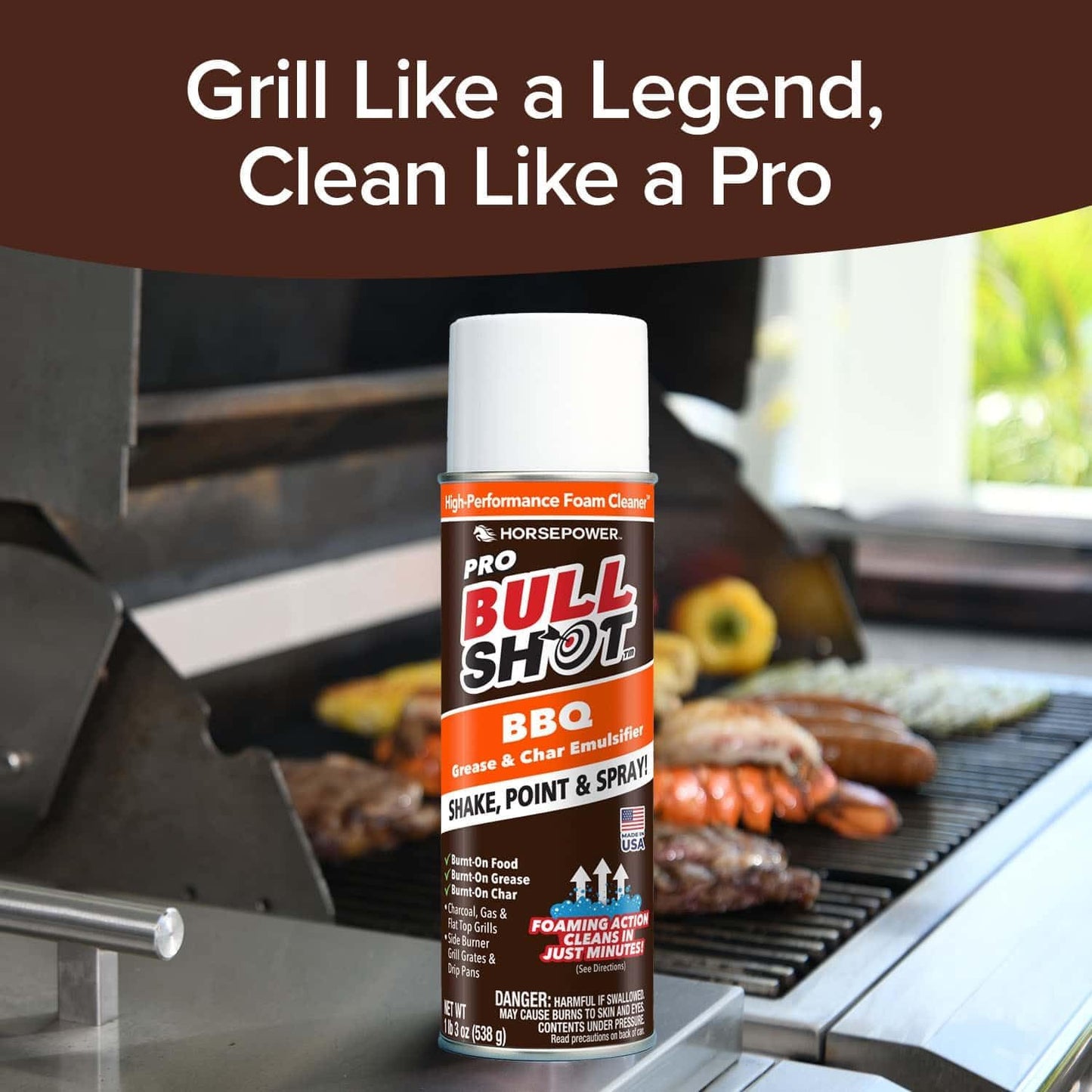 Bull Shot BBQ Pro, Foaming Grill Cleaner, AS SEEN ON TV, Professional Strength Foam Spray Emulsifies Burnt Grease & Char on Grates, Racks, Pans