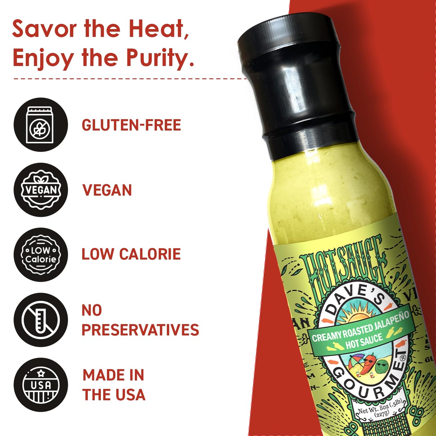 Dave’s Gourmet Creamy Roasted Jalapeno Hot Sauce - Moderately Spicy & Creamy Jalapeno Sauce - Green Hot Sauce for Tacos, Dips & Marinades - Vegan