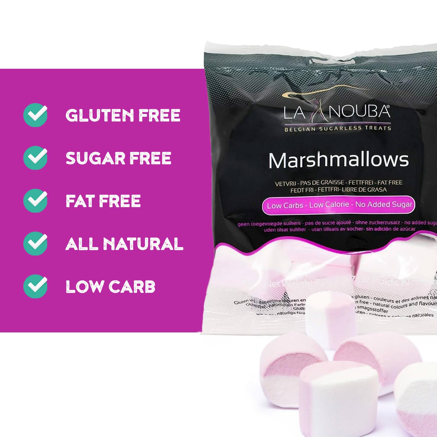 La Nouba Sugar Free Marshmallows, Keto Friendly, Zero Sugar, Low Carb, Perfect for Smores, Hot Chocolate & Baking, Gluten Free, Fat Free, 1 Pack (2.7