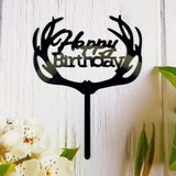 Antlers Happy Birthday Cake Topper Party Decorations (Black Acrylic)