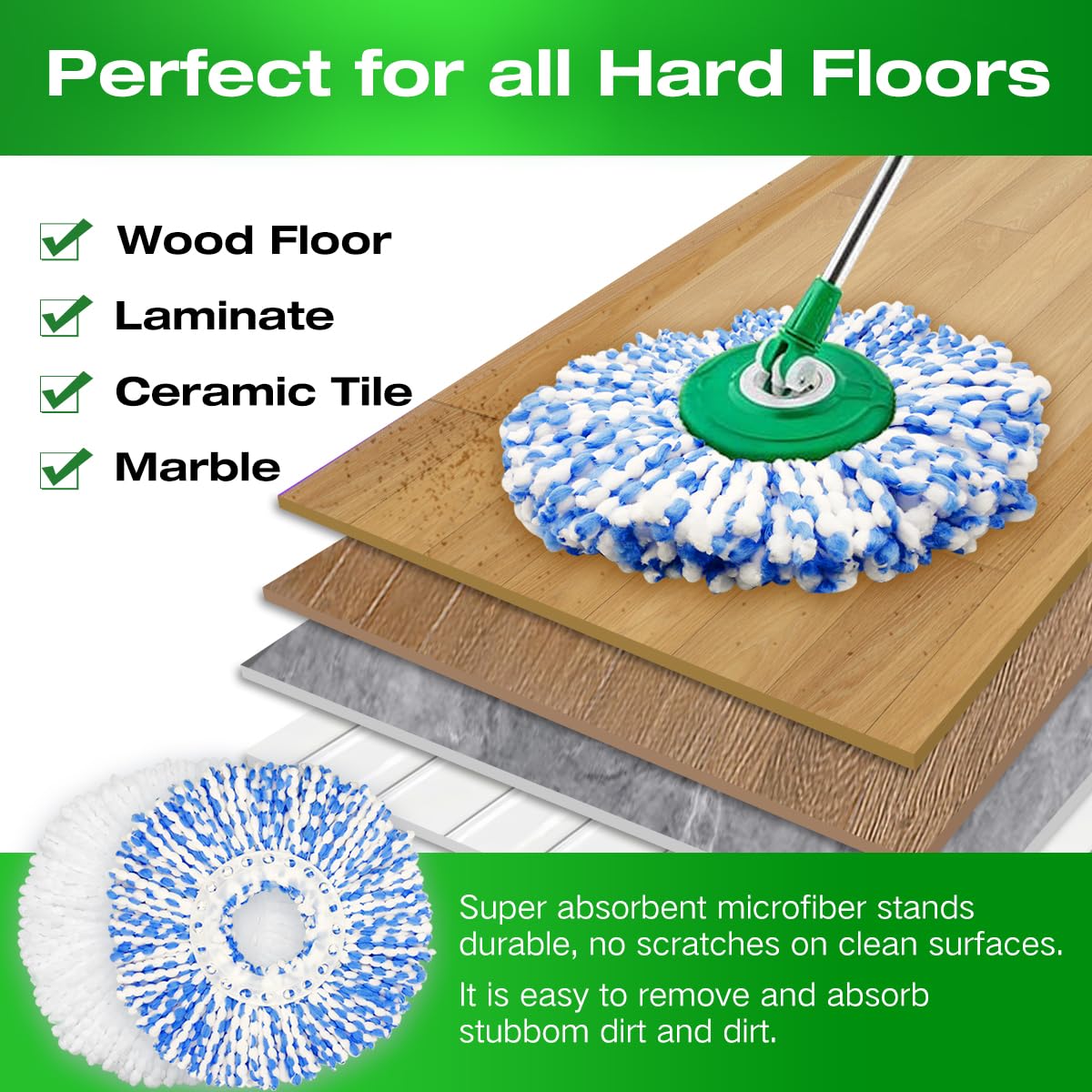 4 Pack Mop Head Replacement Compatible with Libman All-in-One Clean Spin Mop and Bucket System, Microfiber Spin Mop Replacement Head, Easy to Replace