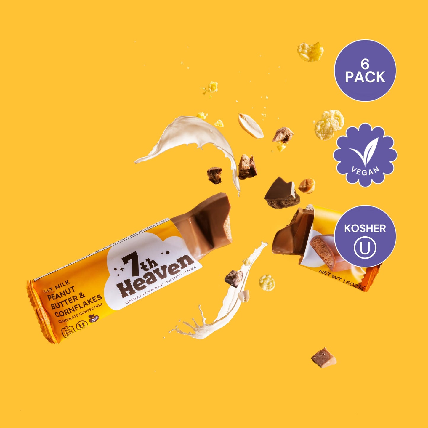7th Heaven, Vegan Oat Milk Chocolate Snack Bars: Peanut Butter & Cornflakes - (1.6 oz - 6 Pack), Healthy Chocolate, Perfect Valentines Gift For Your
