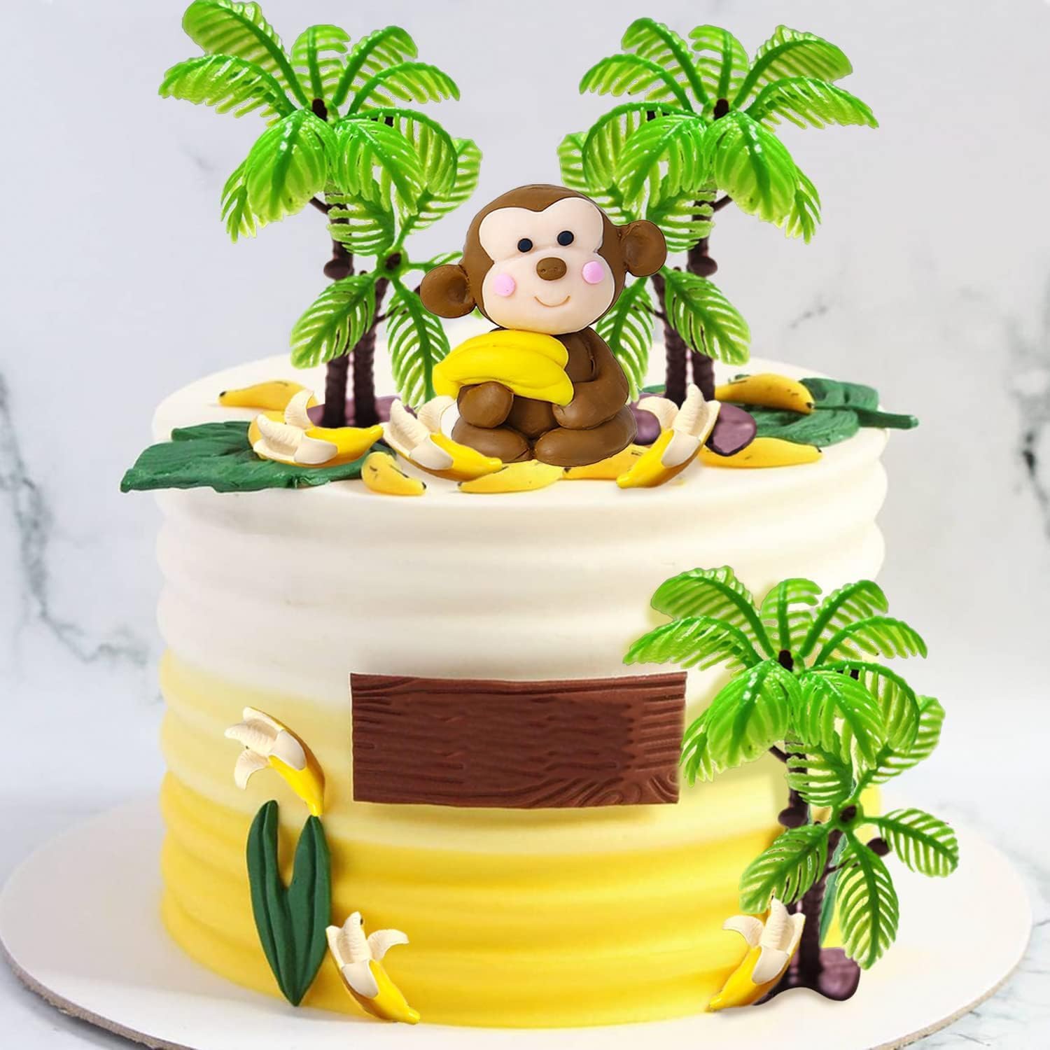 11 PCS Monkey Cake Topper with Coconut Trees Banana Cake Decoration for Jungle Safari Animal Themed Birthday Baby Shower Party Supplies