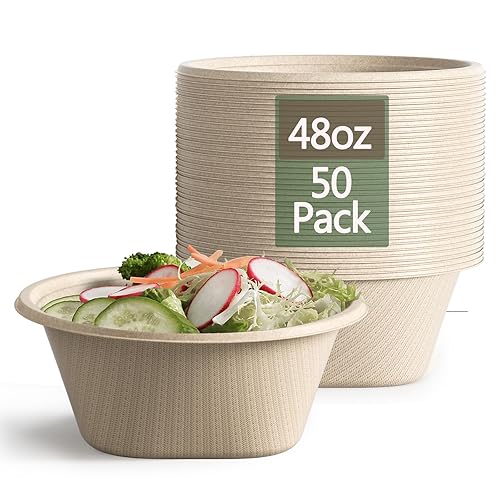 Homestockplus Large Disposable Bowl - Heavy Duty Paper Bowls - Made from Sugarcane and Bamboo Fiber, Microwave Safe - 48 Oz Paper Bowls for Soup