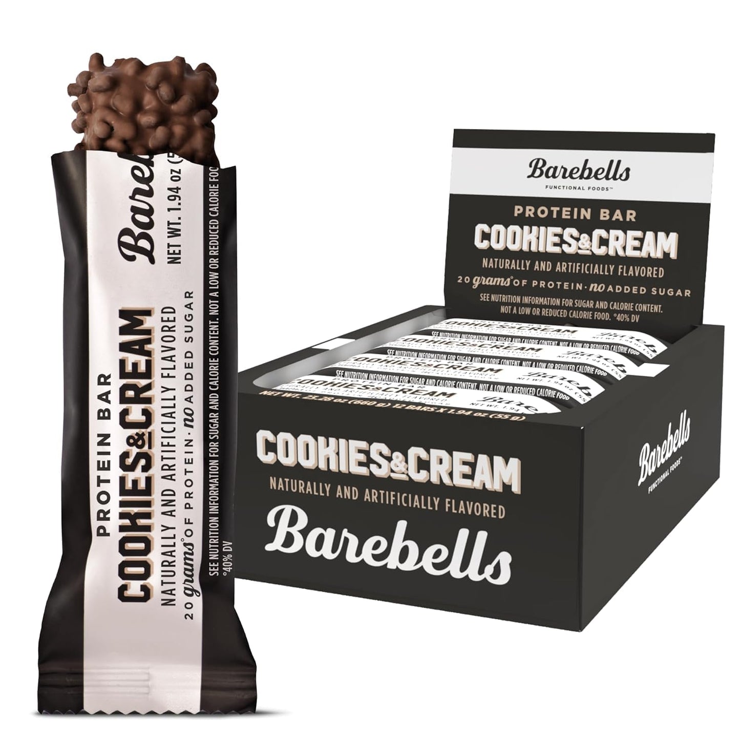 Barebells Protein Bars Cookies & Cream - 12 Count, 20g High Protein Treats - Chocolate Nutrition Bar with 1g Total Sugars - On-The-Go Breakfast or