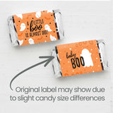 Orange A Little Boo is Almost Due Halloween Baby Shower Wrappers for Mini Chocolate Bars, Party Favor Candy Stickers - 42 Count