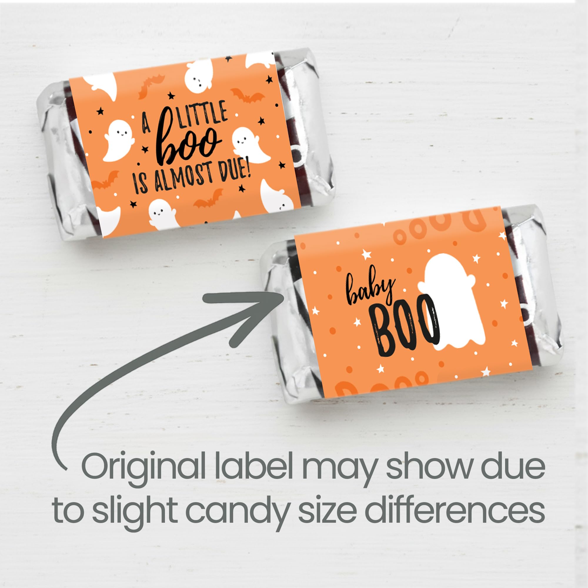 Orange A Little Boo is Almost Due Halloween Baby Shower Wrappers for Mini Chocolate Bars, Party Favor Candy Stickers - 42 Count