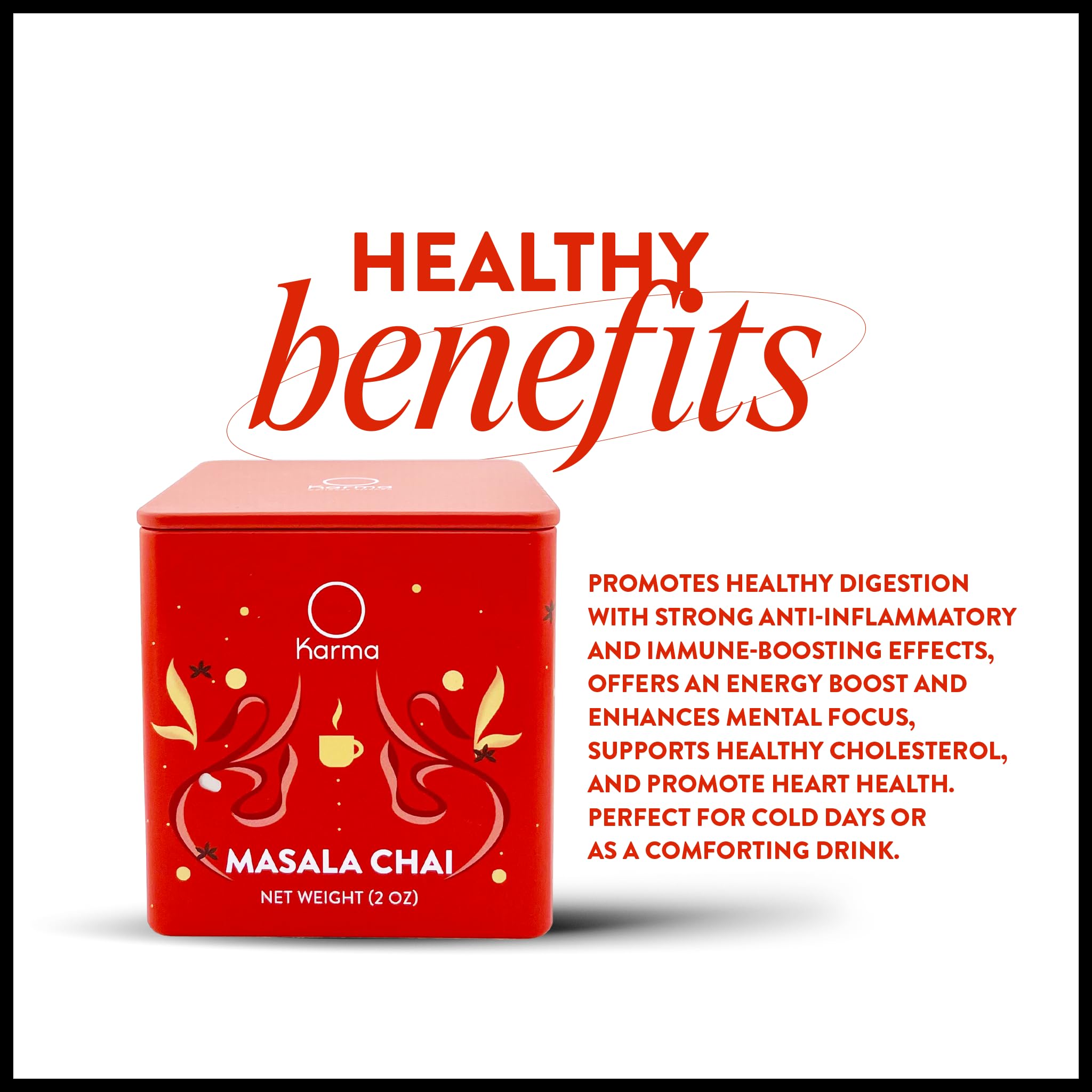 Karma Masala Chai - Herbal, Caffeine, Organic, Non-GMO Blend - Calming Herbs & Spices for Relaxation, Focus, Wellness, and Healthy Sipping - Re-Usable