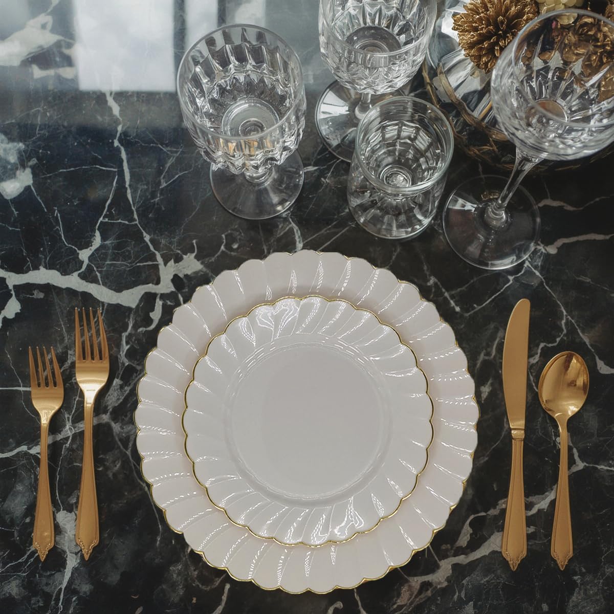 Sobel & Gala PREMIUM 40 Piece Ivory Scalloped Plastic Plates with Gold Rim - 20 Dinner and 20 Dessert - Fancy Disposable Plates for Party - Elegant