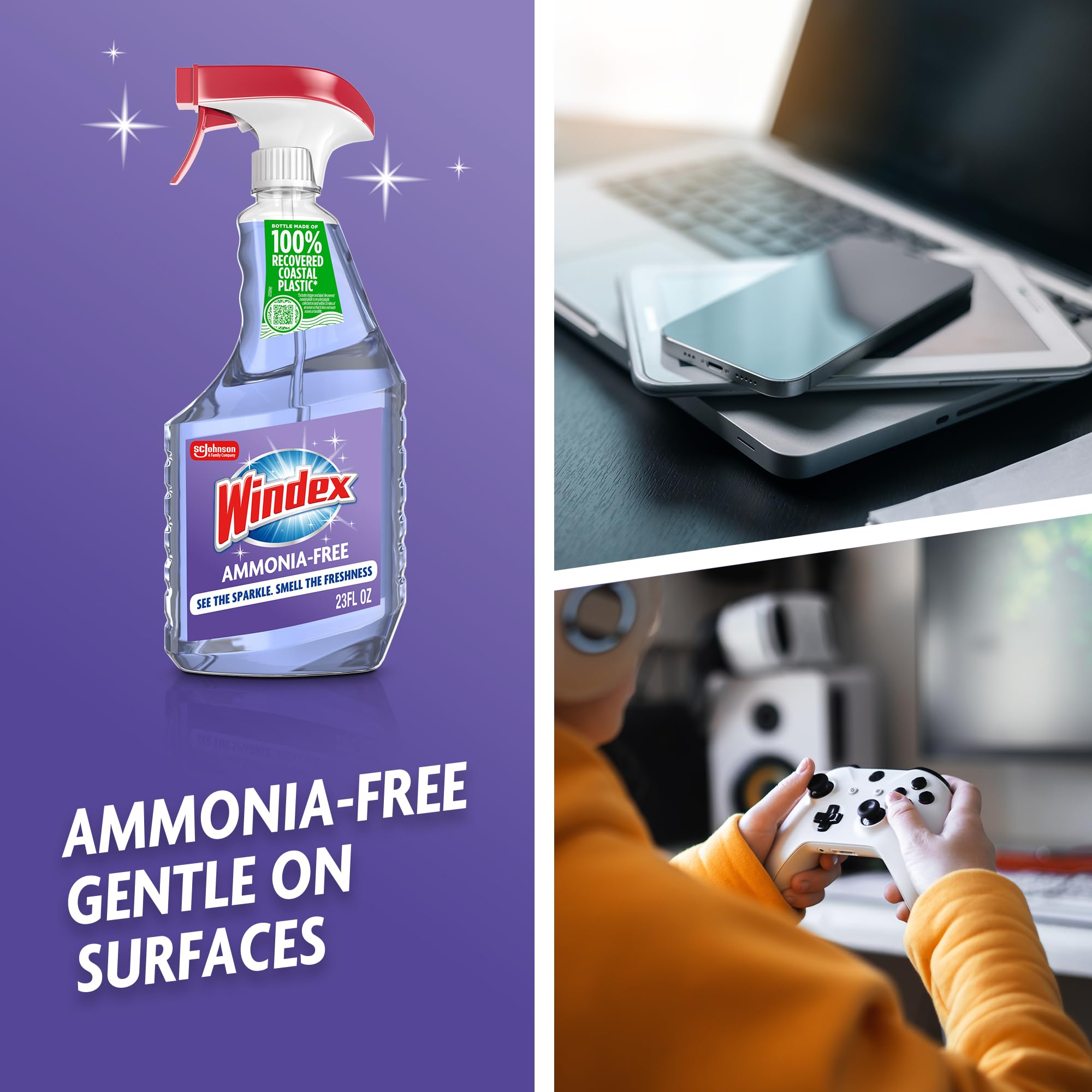Windex Glass and Window Cleaner Spray Bottle, Ammonia Free, Bottle Made from 100% Recovered Coastal Plastic, Surface Cleaning Spray, Crystal Rain