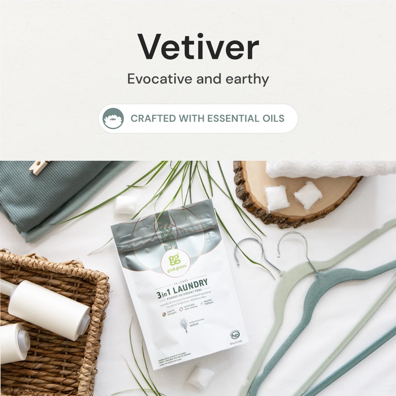 Grab Green 3-in-1 Laundry Detergent Pods, Vetiver Scent, Plant and Mineral Based, Superior Cleaning Power, Stain Remover, Brightens Clothes, White