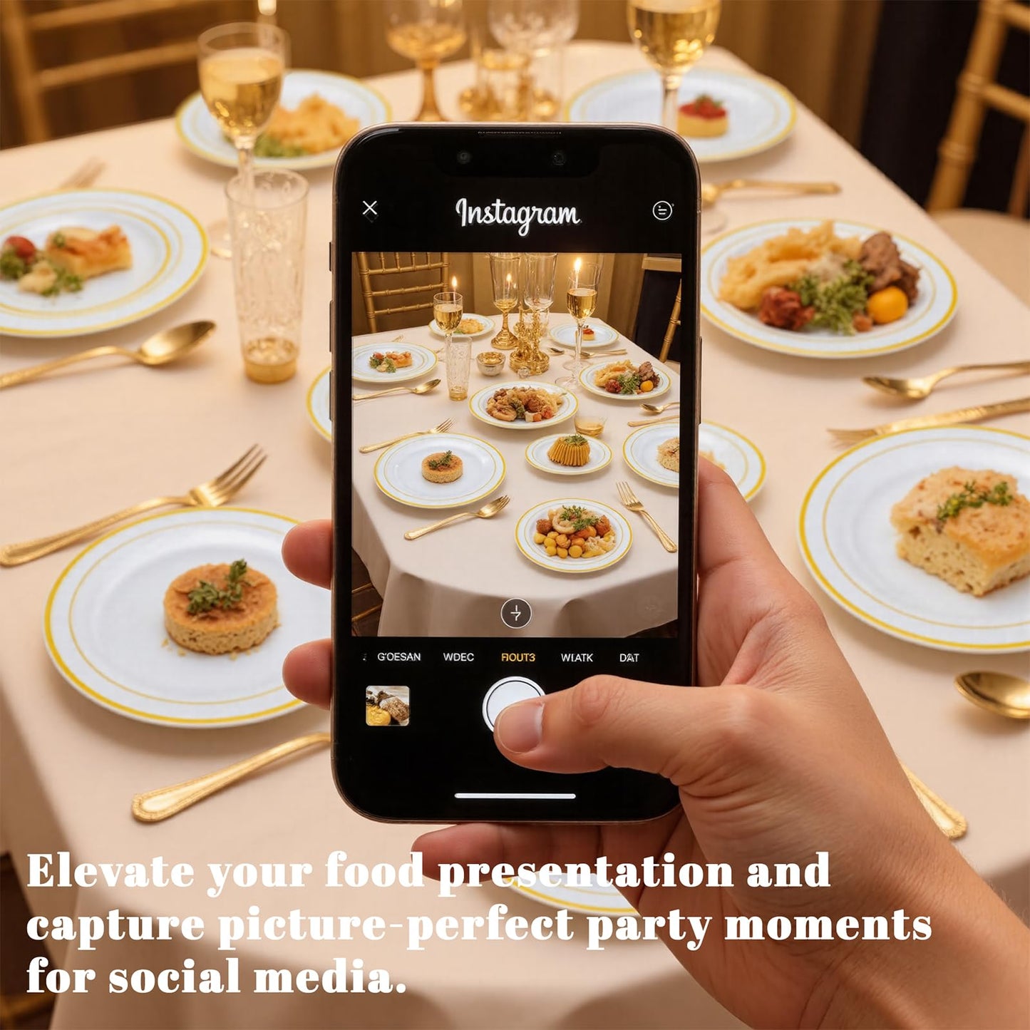 WELLIFE 350-Piece Gold Disposable Plates and Cutlery Set - Premium 10.25" Dinner Plates, 7.5" Dessert Plates, 9oz Cups & Cutlery for Weddings