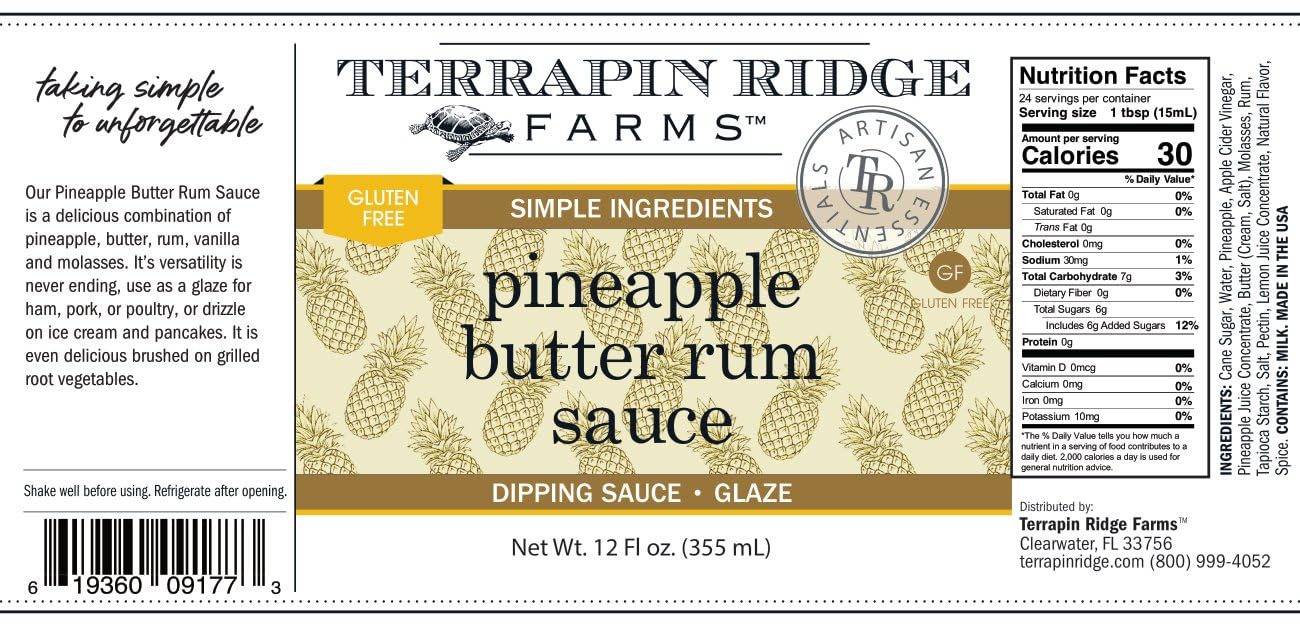 Terrapin Ridge Farms Pineapple Butter Rum Sauce - Dessert Topping and Glaze - 12 oz. Bottle