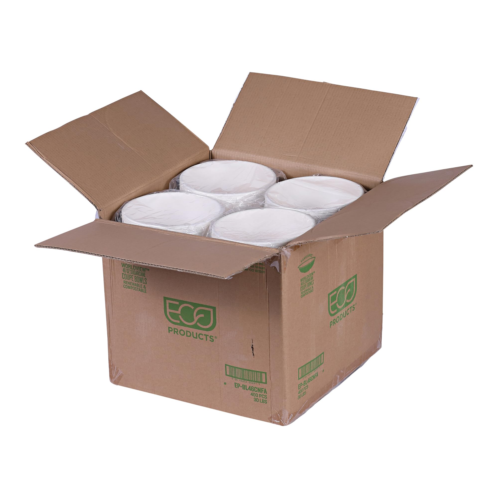 ECO PRODUCTS Compostable 46oz Molded Fiber Wide Bowls, Case of 400, Vanguard WorldView, Disposable, White, No PFAS, Lid Available, Tree-free
